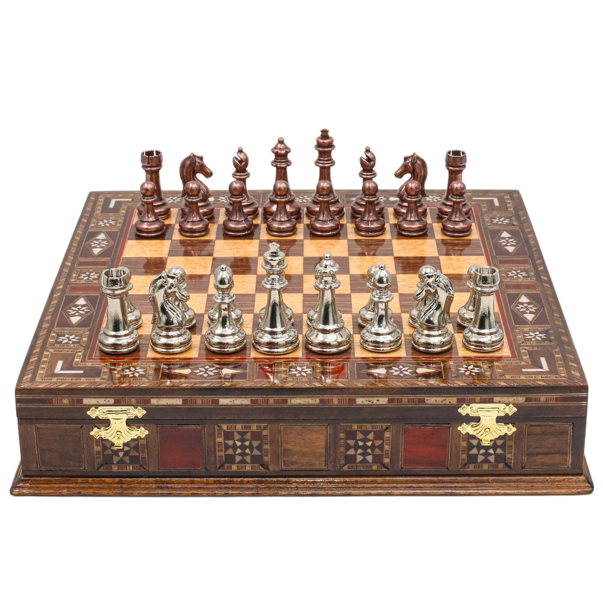 Bronze Colour Metal Chess Set With Solid Wood Storage Board - Die Cast Metal Chessmen | Staunton Chess Pieces, Personalised Chess Gift - Cooper Chess