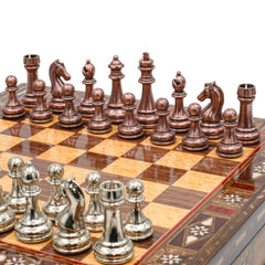 Bronze Colour Metal Chess Set With Solid Wood Storage Board - Die Cast Metal Chessmen | Staunton Chess Pieces, Personalised Chess Gift - Cooper Chess