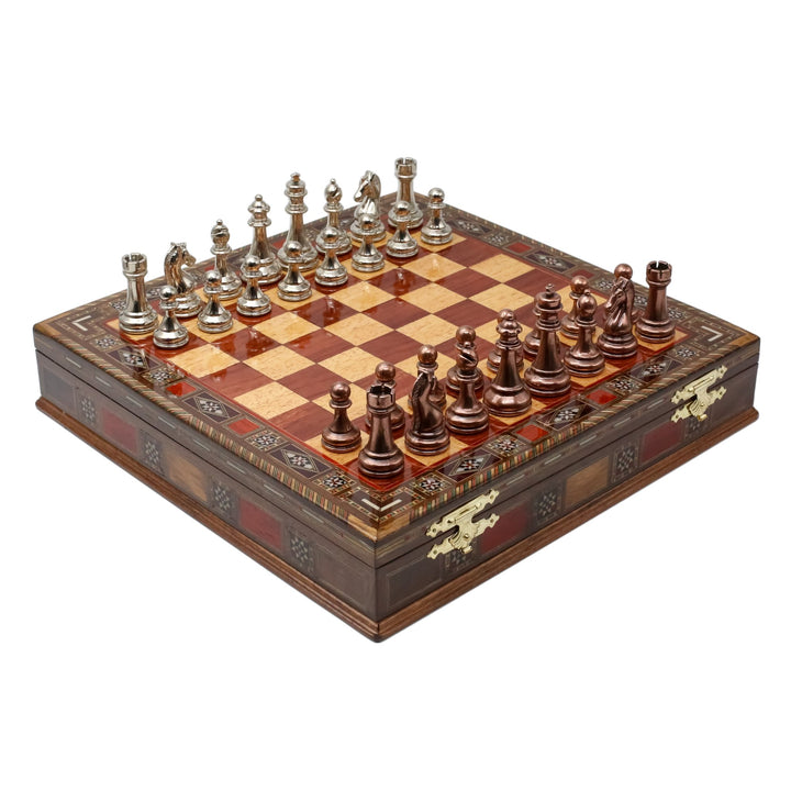 Handmade Inlay Storage Chess Set - Staunton Weighted Classic Figures (Bronze vs Silver) - Cooper Chess