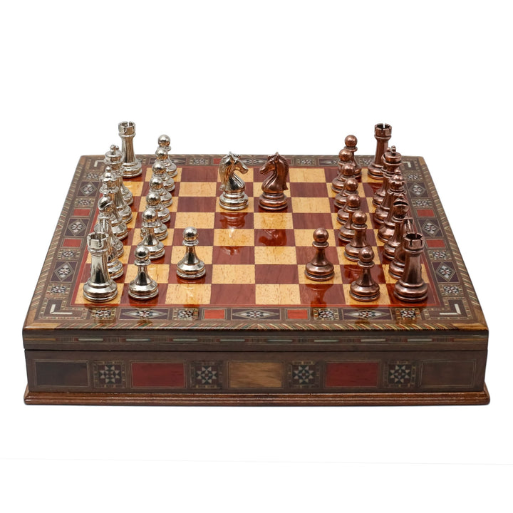 Handmade Inlay Storage Chess Set - Staunton Weighted Classic Figures (Bronze vs Silver) - Cooper Chess