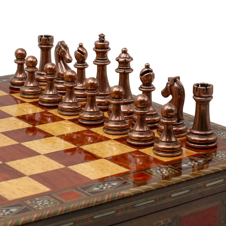 Handmade Inlay Storage Chess Set - Staunton Weighted Classic Figures (Bronze vs Silver) - Cooper Chess