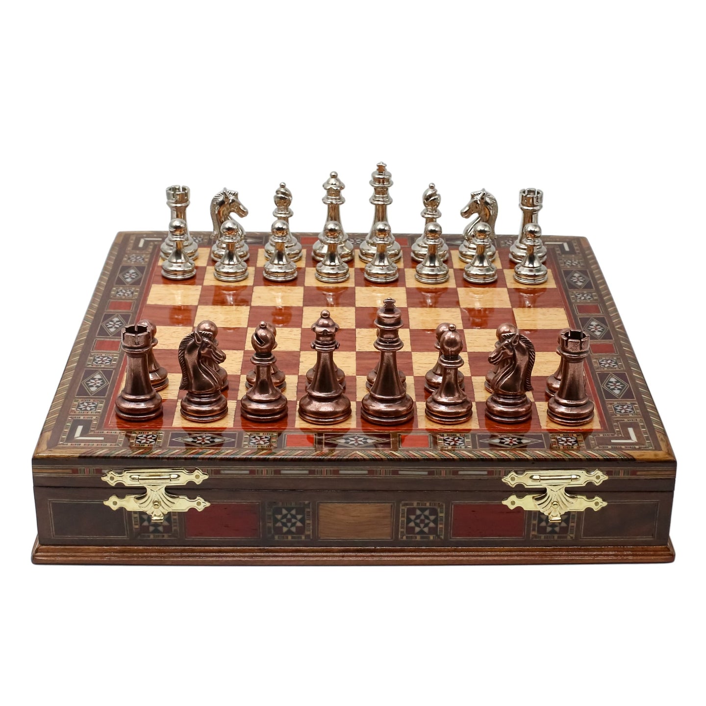 Handmade Inlay Storage Chess Set - Staunton Weighted Classic Figures (Bronze vs Silver) - Cooper Chess