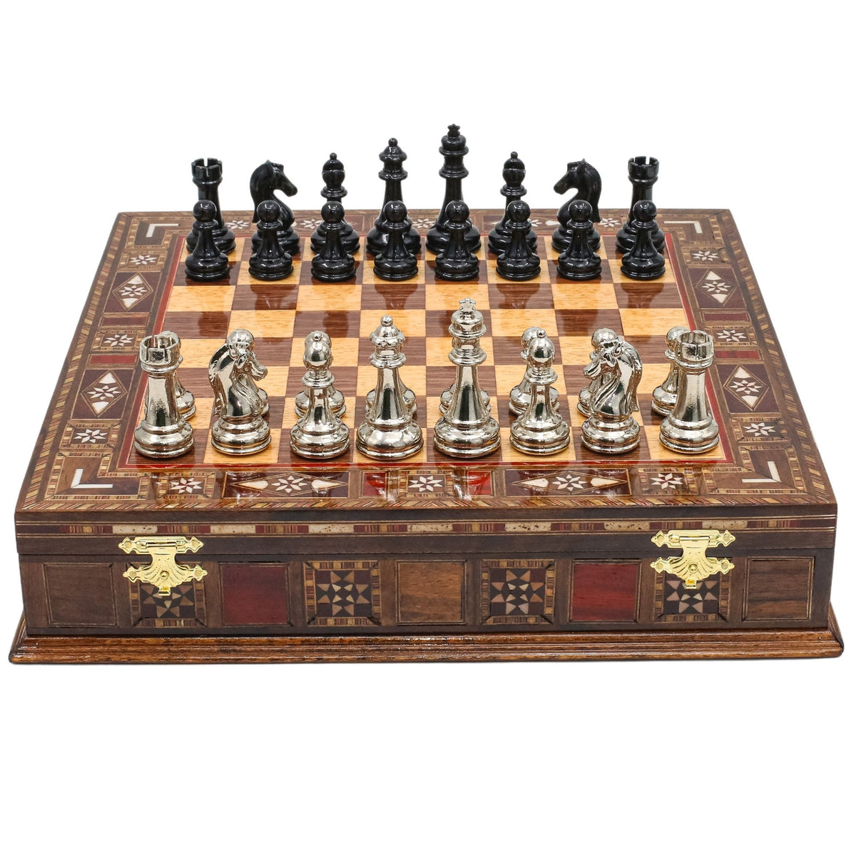 Black Colour Metal Chess Set With Solid Wood Storage Board - Die Cast Metal Chessmen | Staunton Chess Pieces, Personalised Chess Gift - Cooper Chess