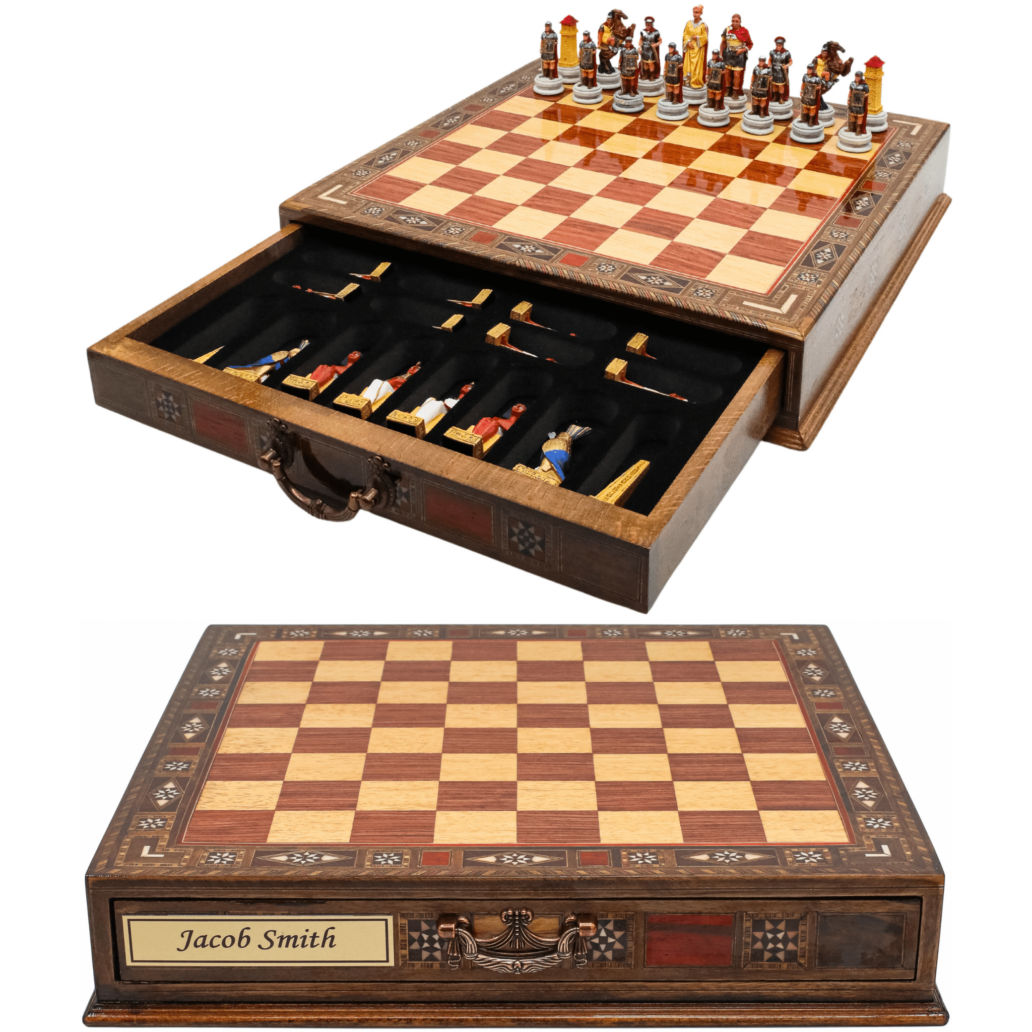 Handmade Inlay Chess Set with Drawer Storage 38 CM (15") - Roman vs Egyptian Pieces - Cooper Chess