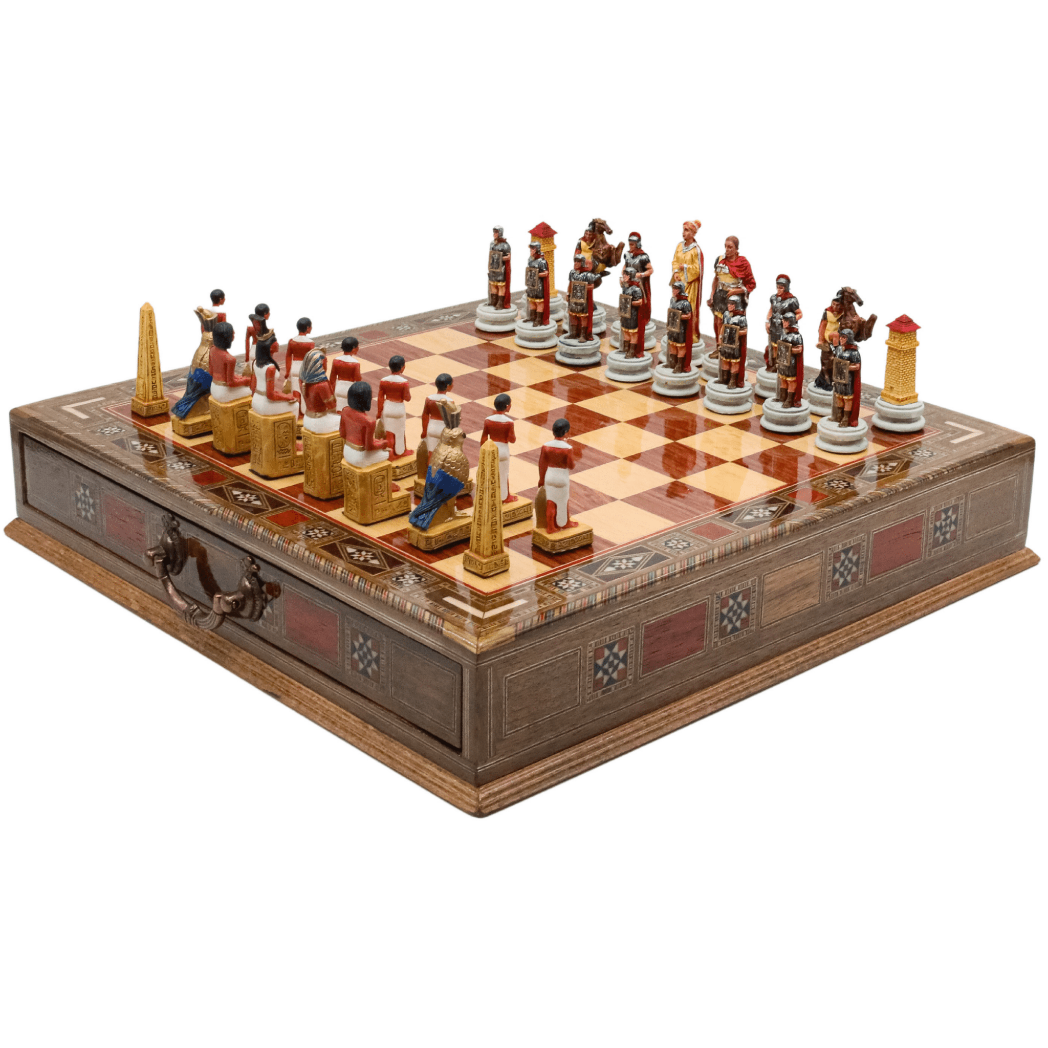 Handmade Inlay Chess Set with Drawer Storage 38 CM (15") - Roman vs Egyptian Pieces - Cooper Chess