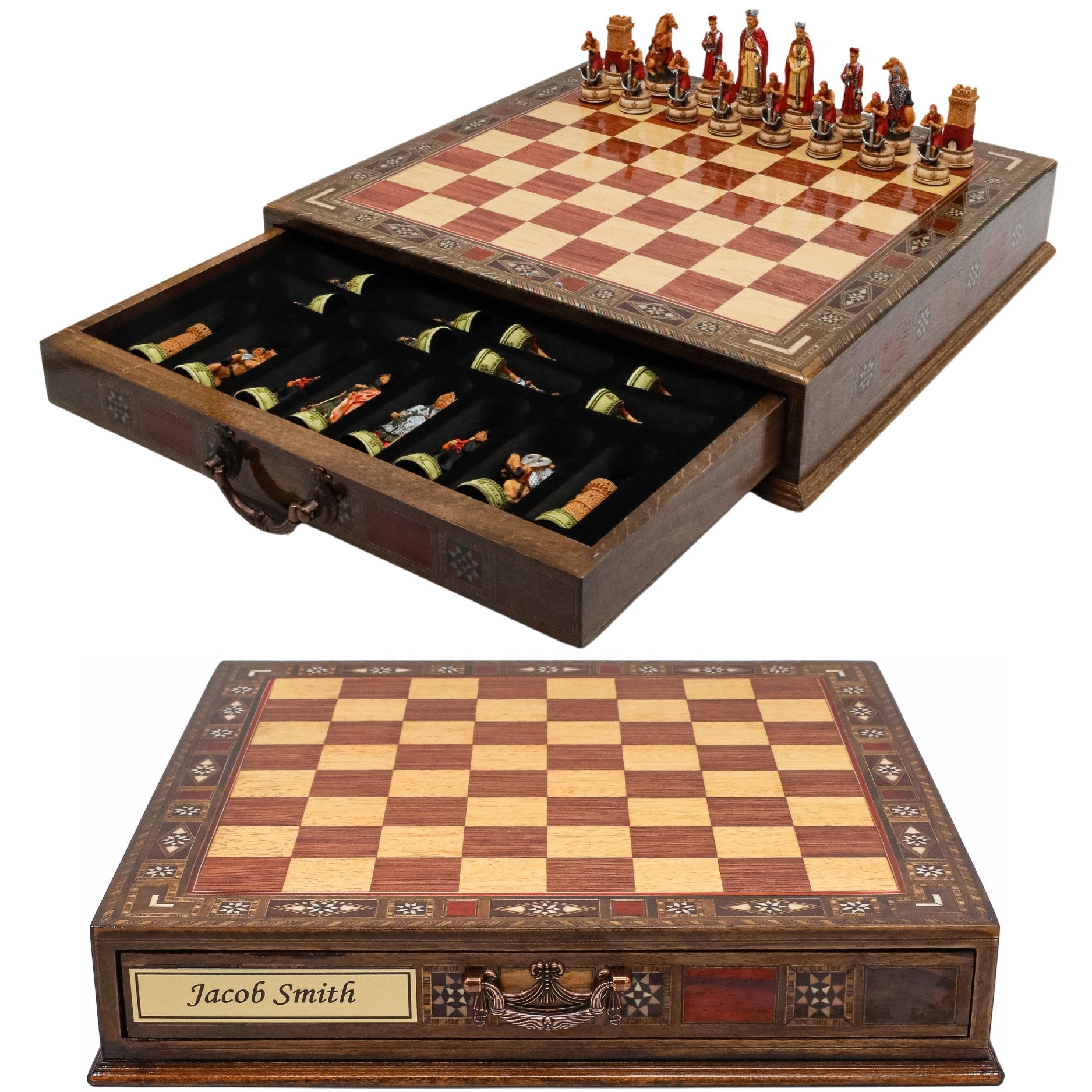 Handmade Inlay Chess Set with Drawer Storage 38 CM (15") - Camelot King Arthur Pieces - Cooper Chess