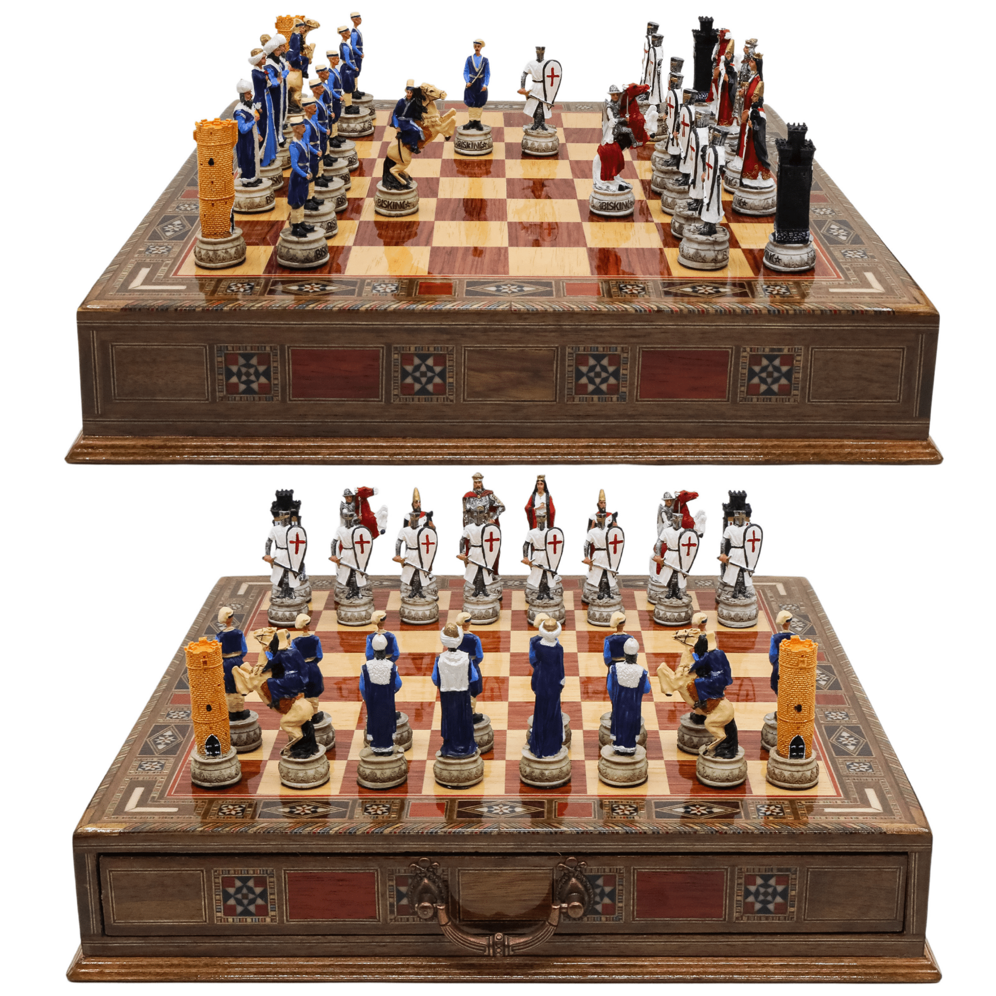 Handmade Inlay Chess Set with Drawer Storage 38 CM (15") - Ottoman vs White Crusaders Pieces - Cooper Chess