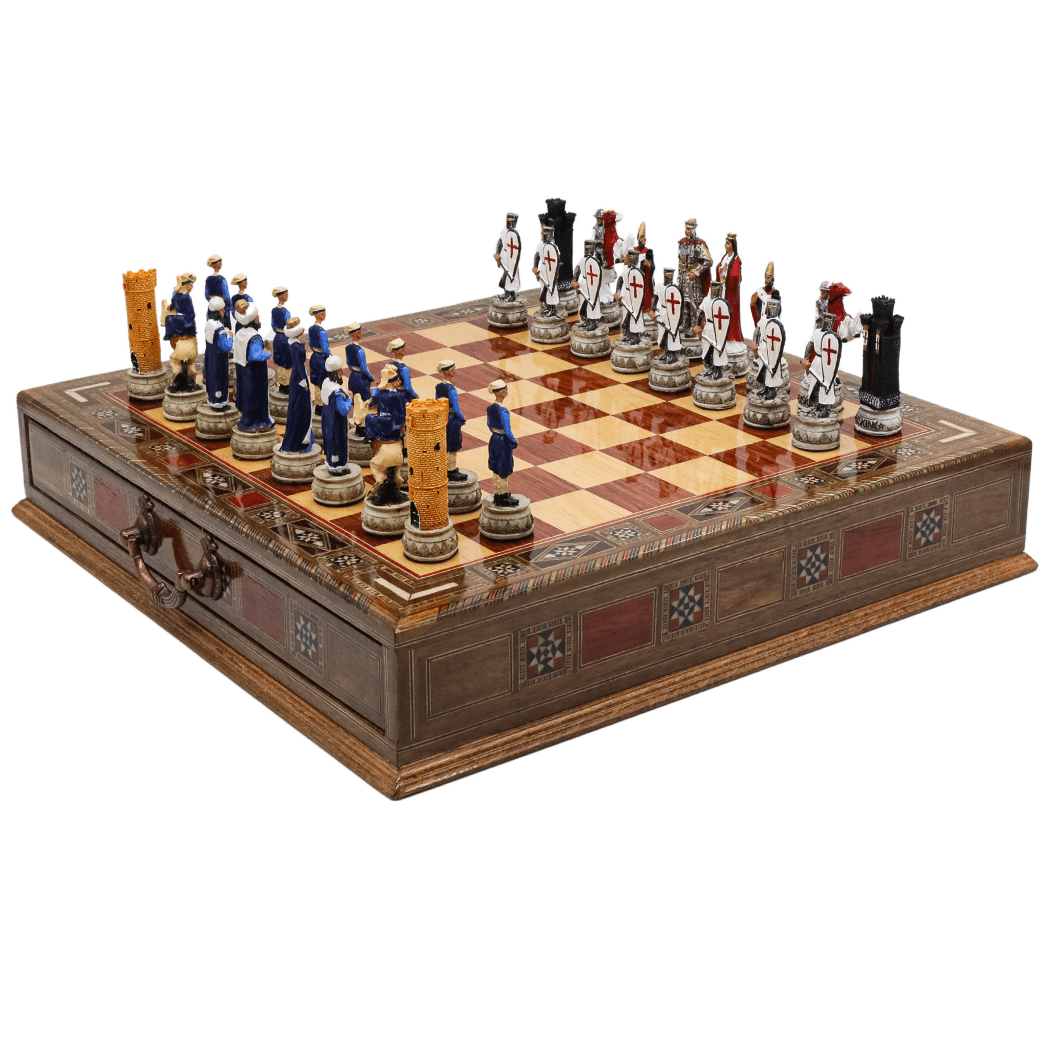 Handmade Inlay Chess Set with Drawer Storage 38 CM (15") - Ottoman vs White Crusaders Pieces - Cooper Chess