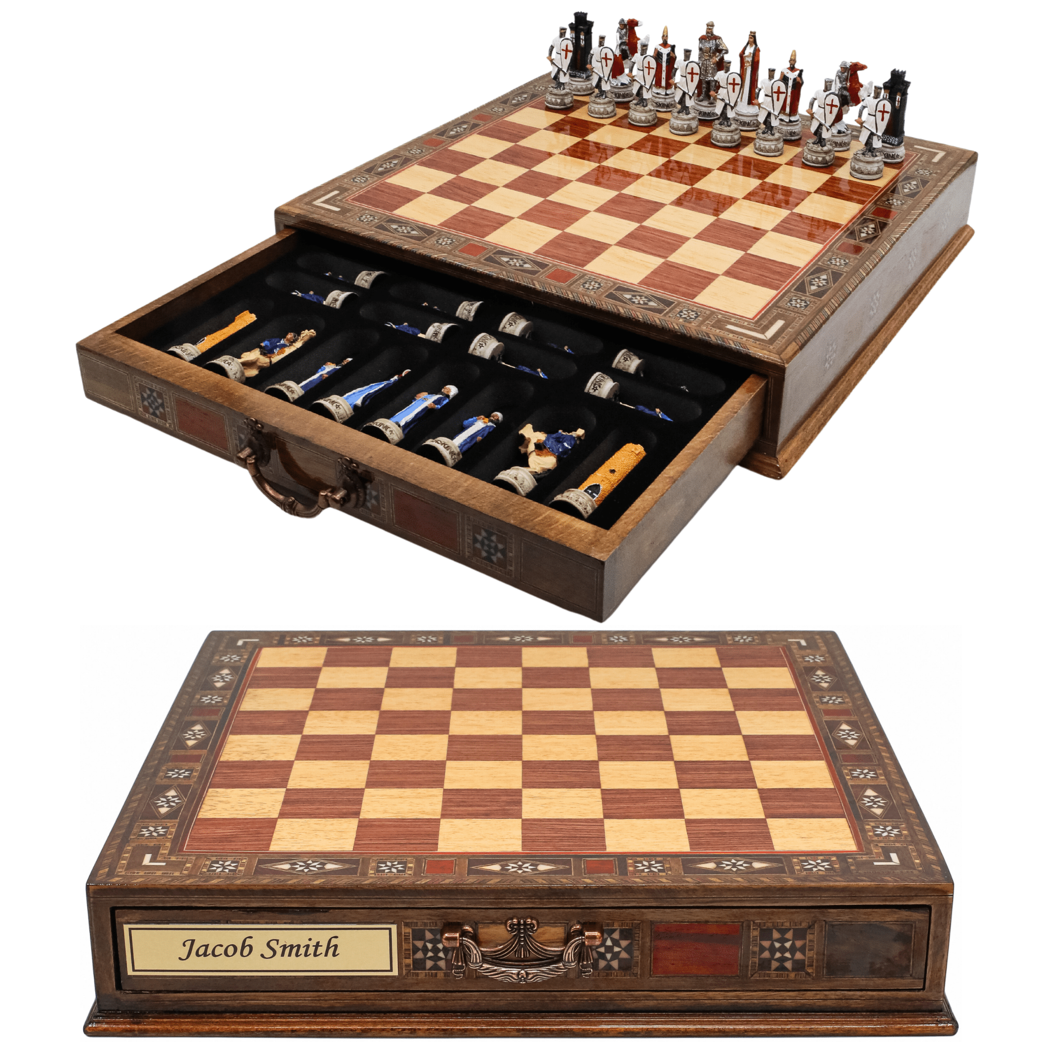 Handmade Inlay Chess Set with Drawer Storage 38 CM (15") - Ottoman vs White Crusaders Pieces - Cooper Chess