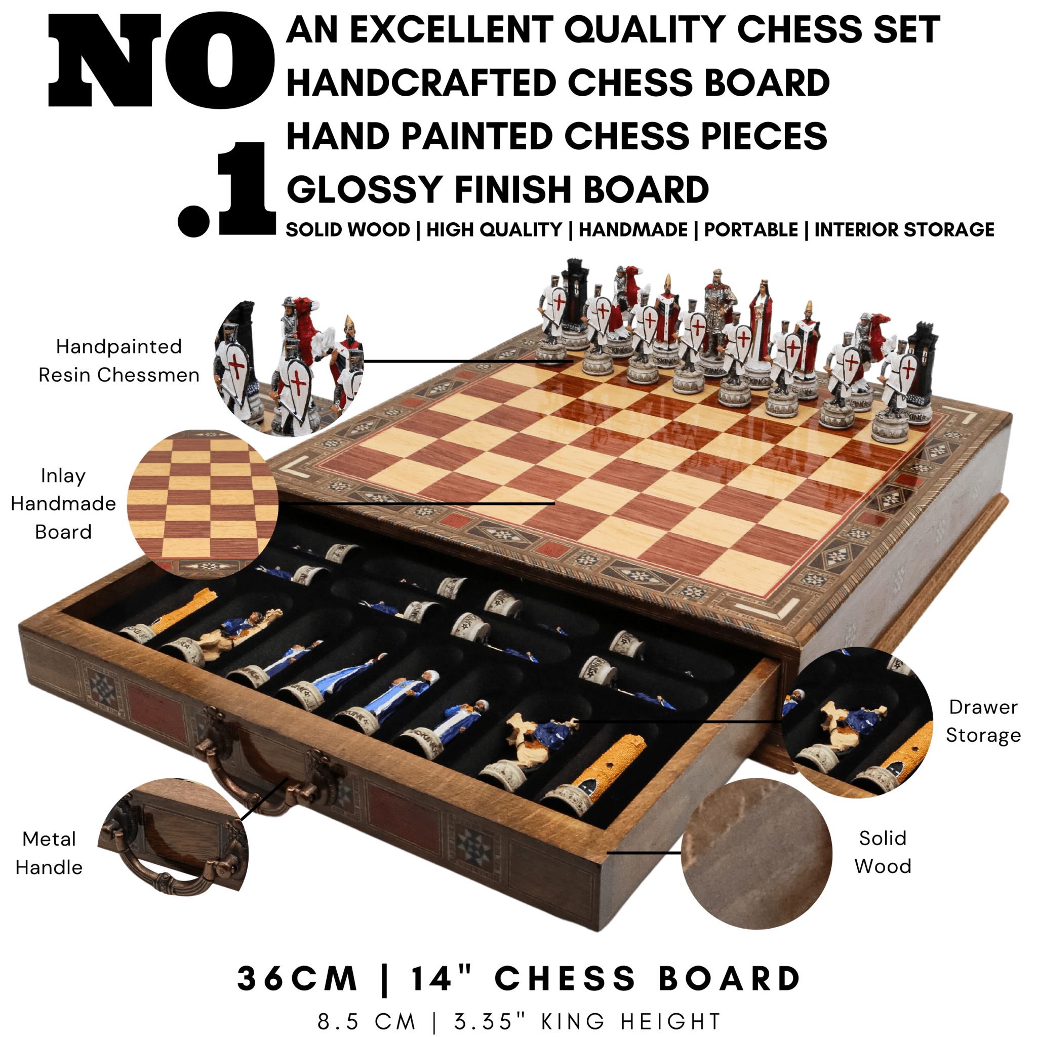 Handmade Inlay Chess Set with Drawer Storage 38 CM (15") - Ottoman vs White Crusaders Pieces - Cooper Chess