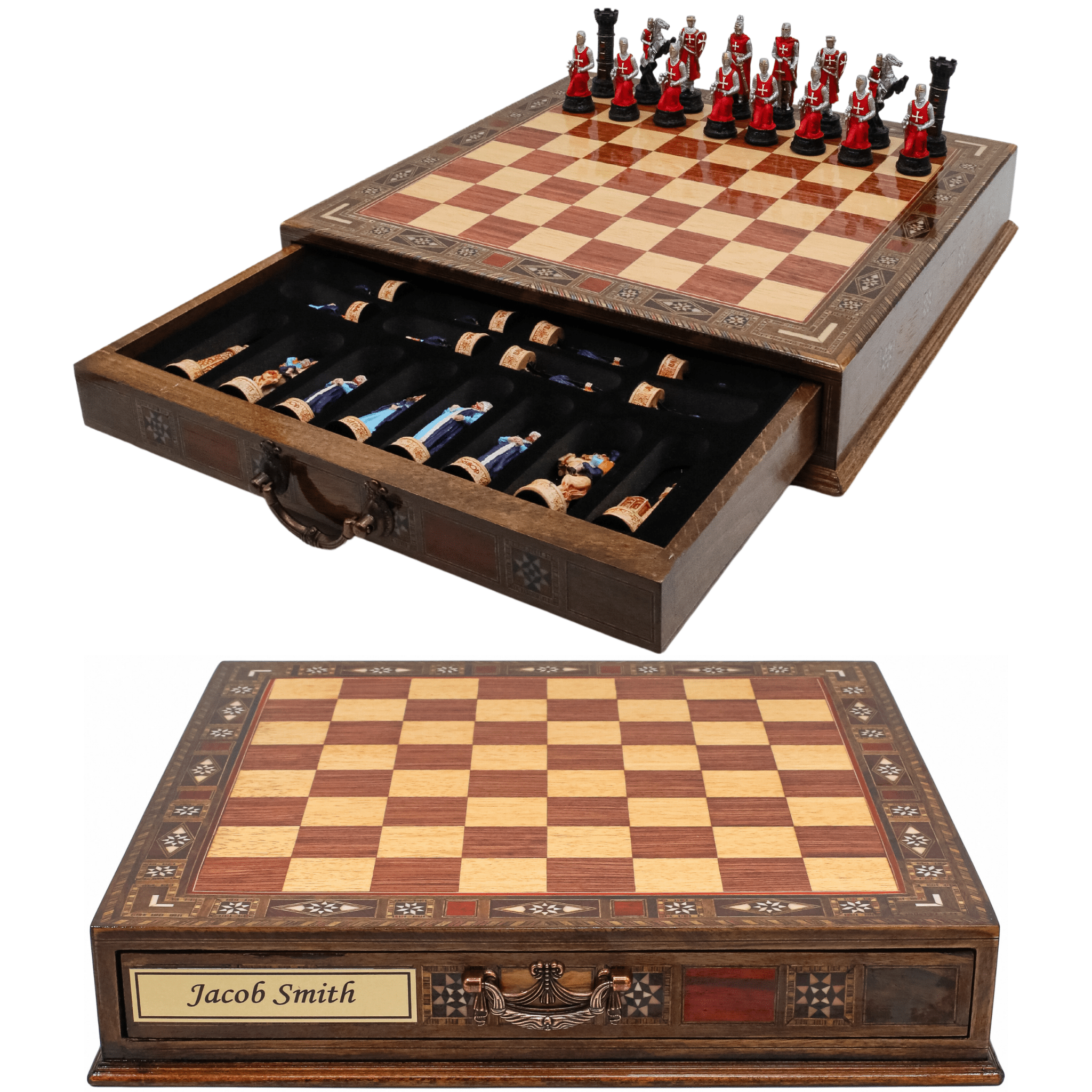 Handmade Inlay Chess Set with Drawer Storage 38 CM (15") - Ottoman vs Black Crusaders Pieces - Cooper Chess