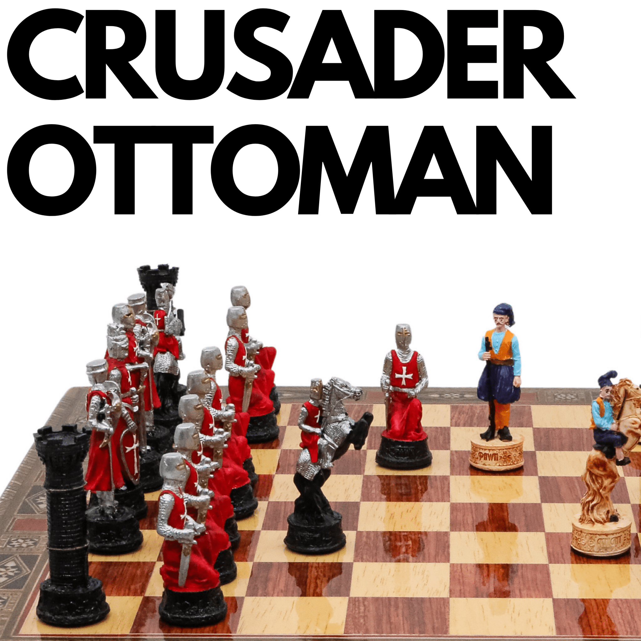 Handmade Inlay Chess Set with Drawer Storage 38 CM (15") - Ottoman vs Black Crusaders Pieces - Cooper Chess