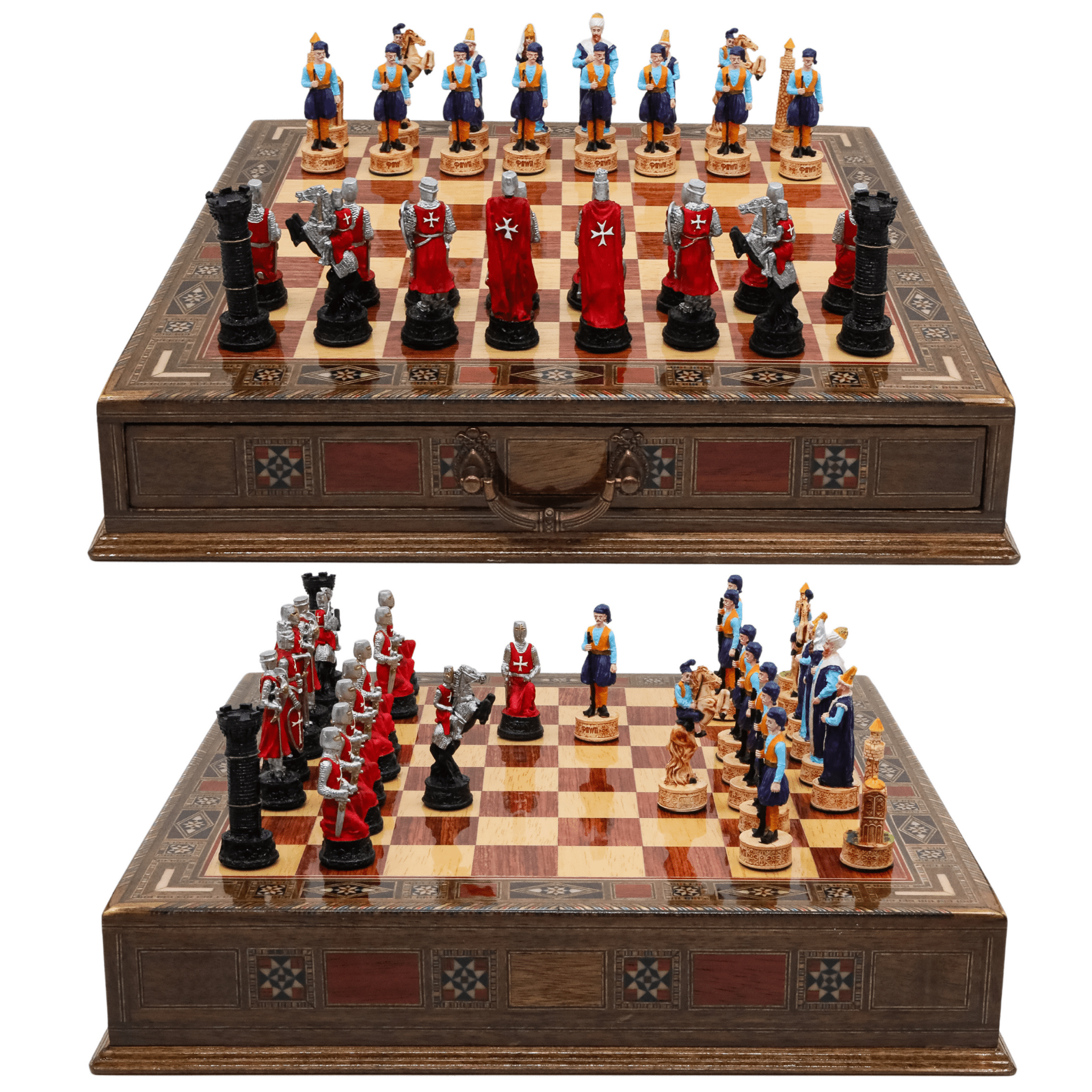 Handmade Inlay Chess Set with Drawer Storage 38 CM (15") - Ottoman vs Black Crusaders Pieces - Cooper Chess