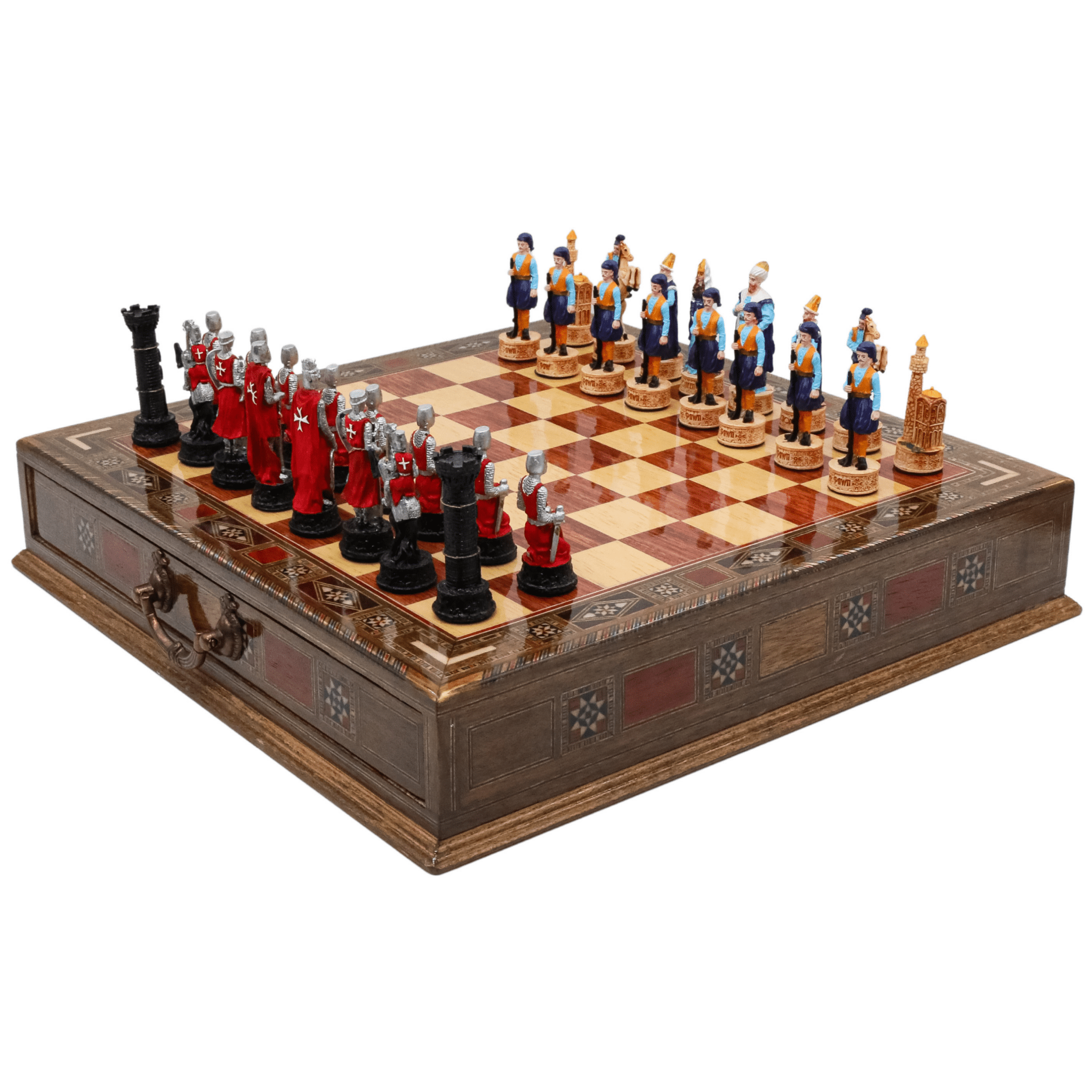 Handmade Inlay Chess Set with Drawer Storage 38 CM (15") - Ottoman vs Black Crusaders Pieces - Cooper Chess