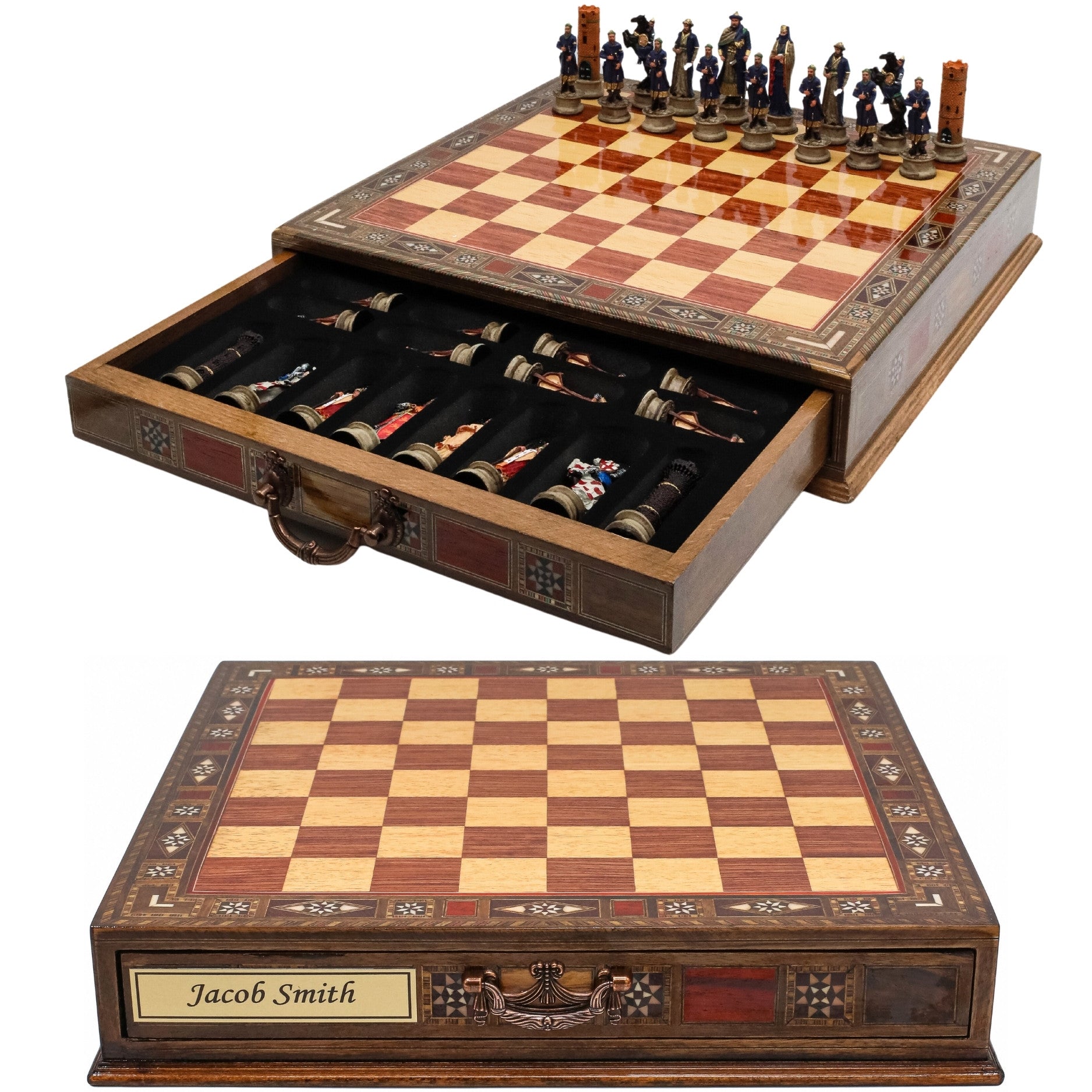 Handmade Inlay Chess Set with Drawer Storage 38 CM (15") - Arabs vs Crusaders Pieces - Cooper Chess