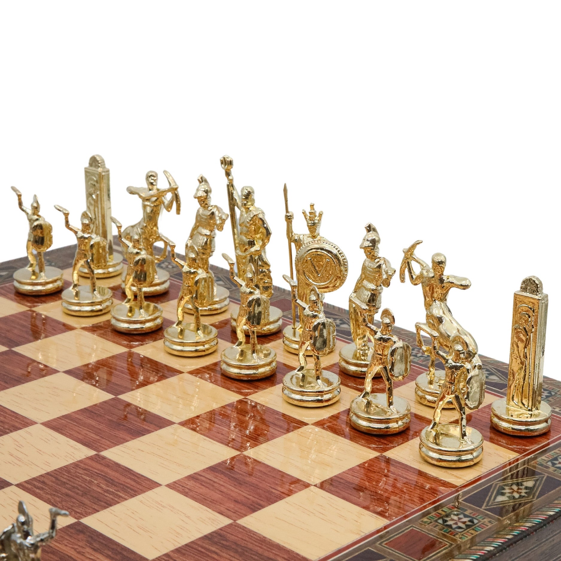 Handmade Inlay Chess Set with Drawer Storage 38 CM (15") - Die Cast Metal Pieces | Greek Mythology Poseidon - Cooper Chess