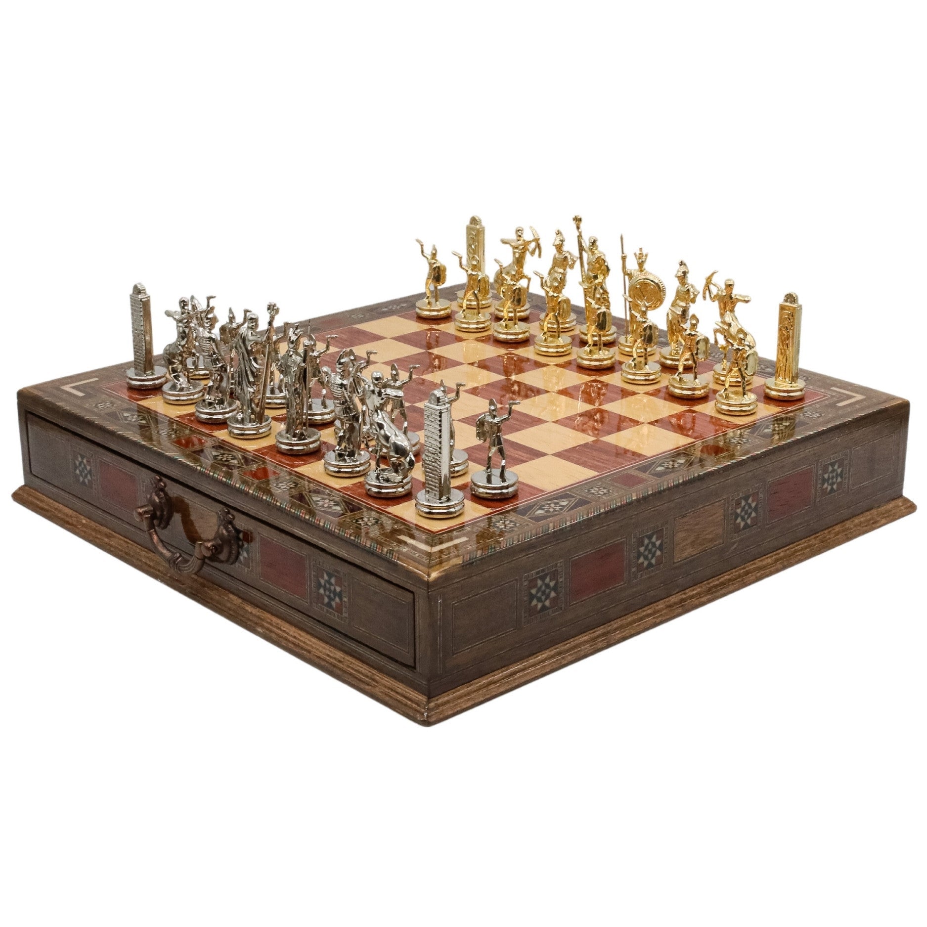 Handmade Inlay Chess Set with Drawer Storage 38 CM (15") - Die Cast Metal Pieces | Greek Mythology Poseidon - Cooper Chess