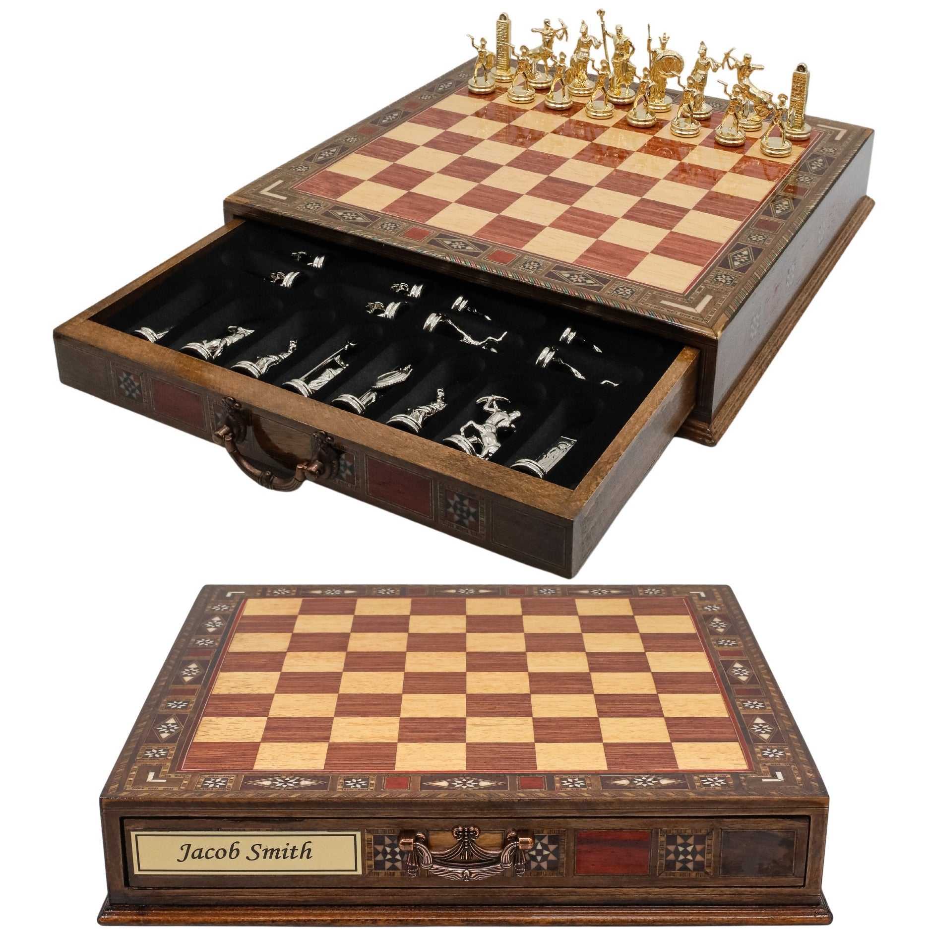 Handmade Inlay Chess Set with Drawer Storage 38 CM (15") - Die Cast Metal Pieces | Greek Mythology Poseidon - Cooper Chess