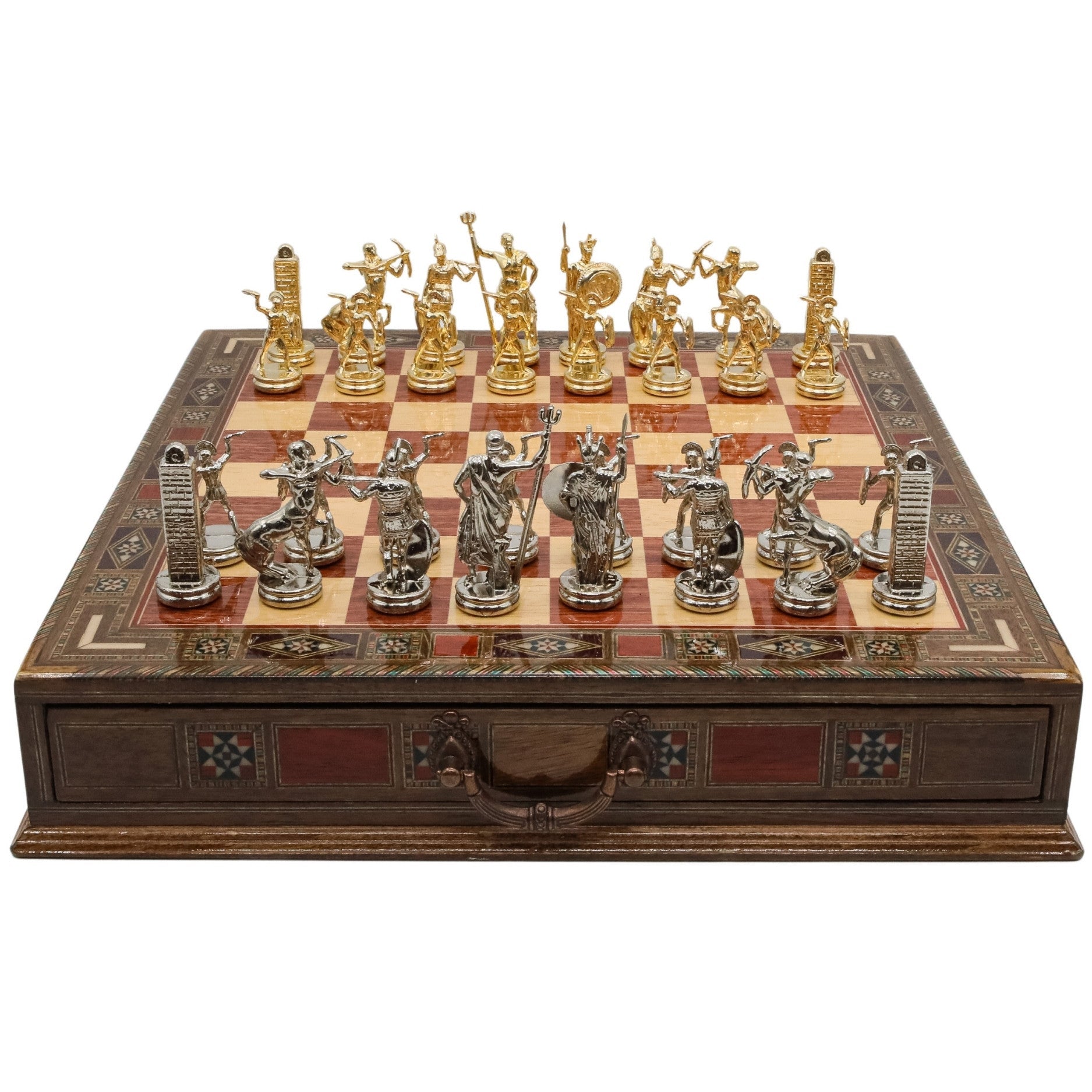 Handmade Inlay Chess Set with Drawer Storage 38 CM (15") - Die Cast Metal Pieces | Greek Mythology Poseidon - Cooper Chess