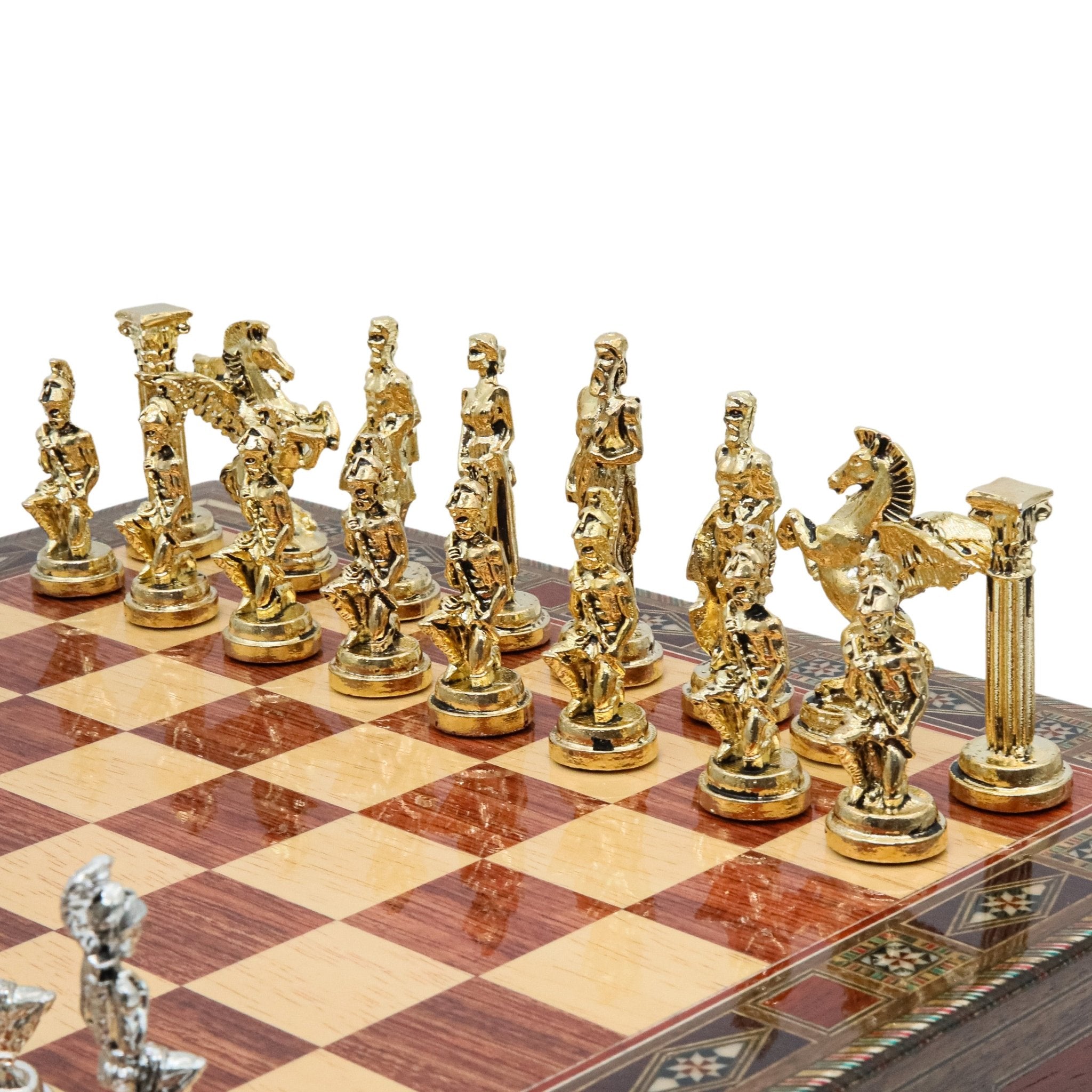 Handmade Inlay Chess Set with Drawer Storage 38 CM (15") - Die Cast Metal Pieces | Greek Mythology Pegasus - Cooper Chess