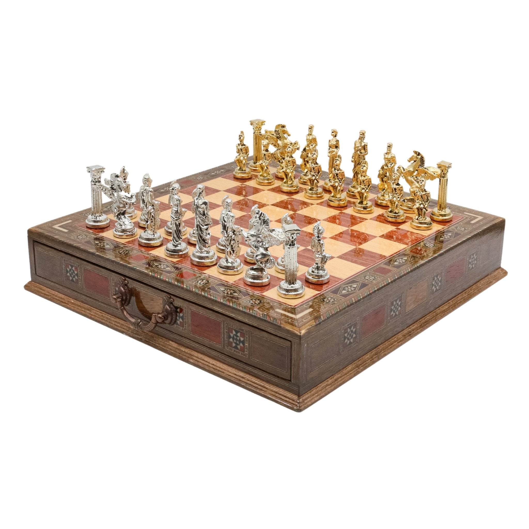 Handmade Inlay Chess Set with Drawer Storage 38 CM (15") - Die Cast Metal Pieces | Greek Mythology Pegasus - Cooper Chess