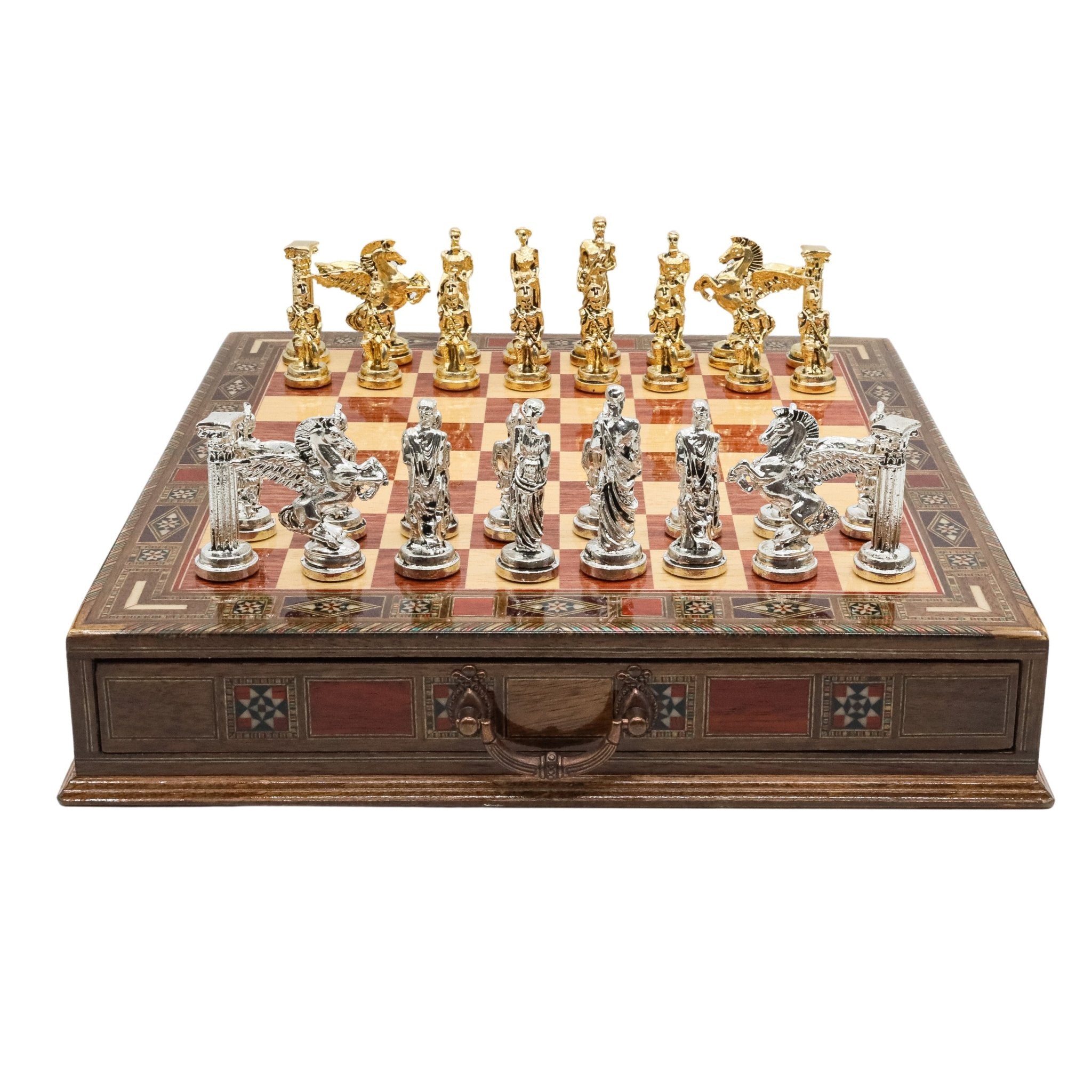 Handmade Inlay Chess Set with Drawer Storage 38 CM (15") - Die Cast Metal Pieces | Greek Mythology Pegasus - Cooper Chess