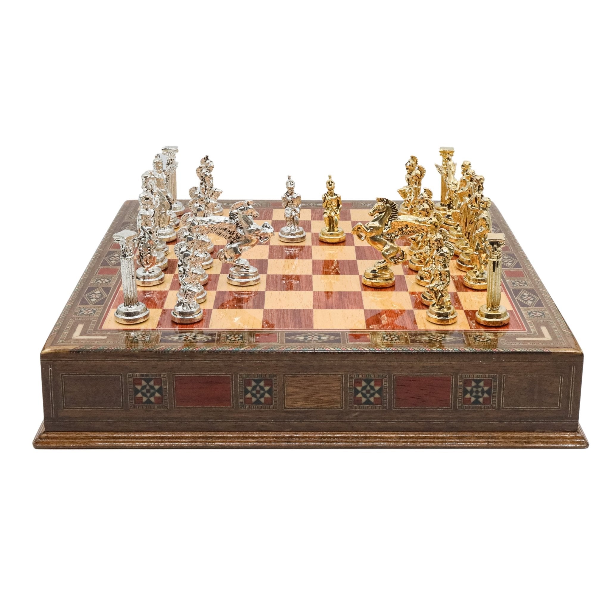 Handmade Inlay Chess Set with Drawer Storage 38 CM (15") - Die Cast Metal Pieces | Greek Mythology Pegasus - Cooper Chess