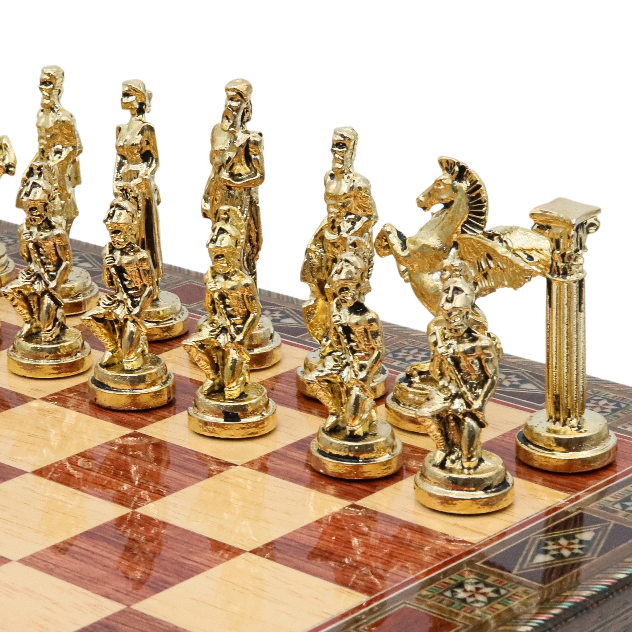 Handmade Inlay Chess Set with Drawer Storage 38 CM (15") - Die Cast Metal Pieces | Greek Mythology Pegasus - Cooper Chess