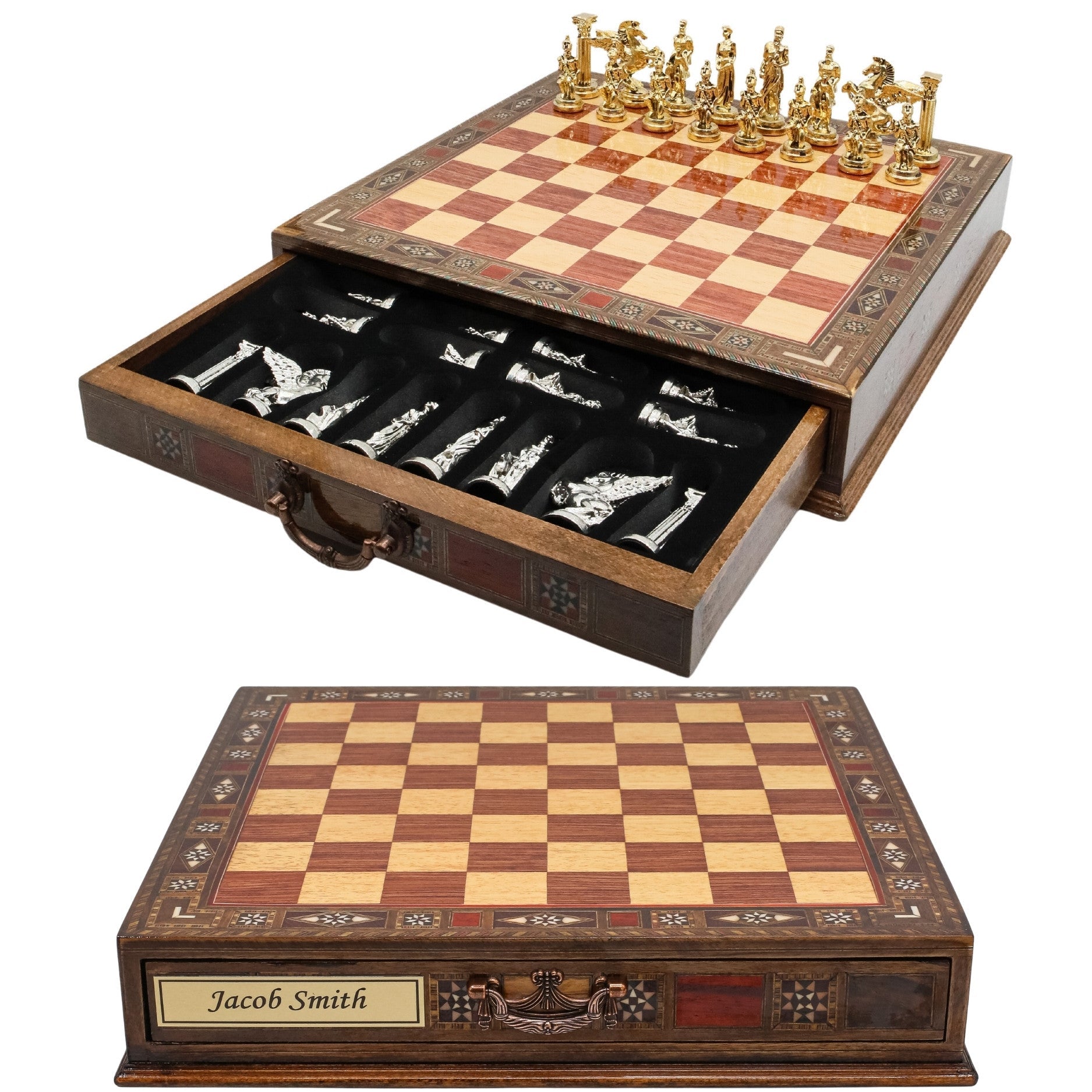 Handmade Inlay Chess Set with Drawer Storage 38 CM (15") - Die Cast Metal Pieces | Greek Mythology Pegasus - Cooper Chess