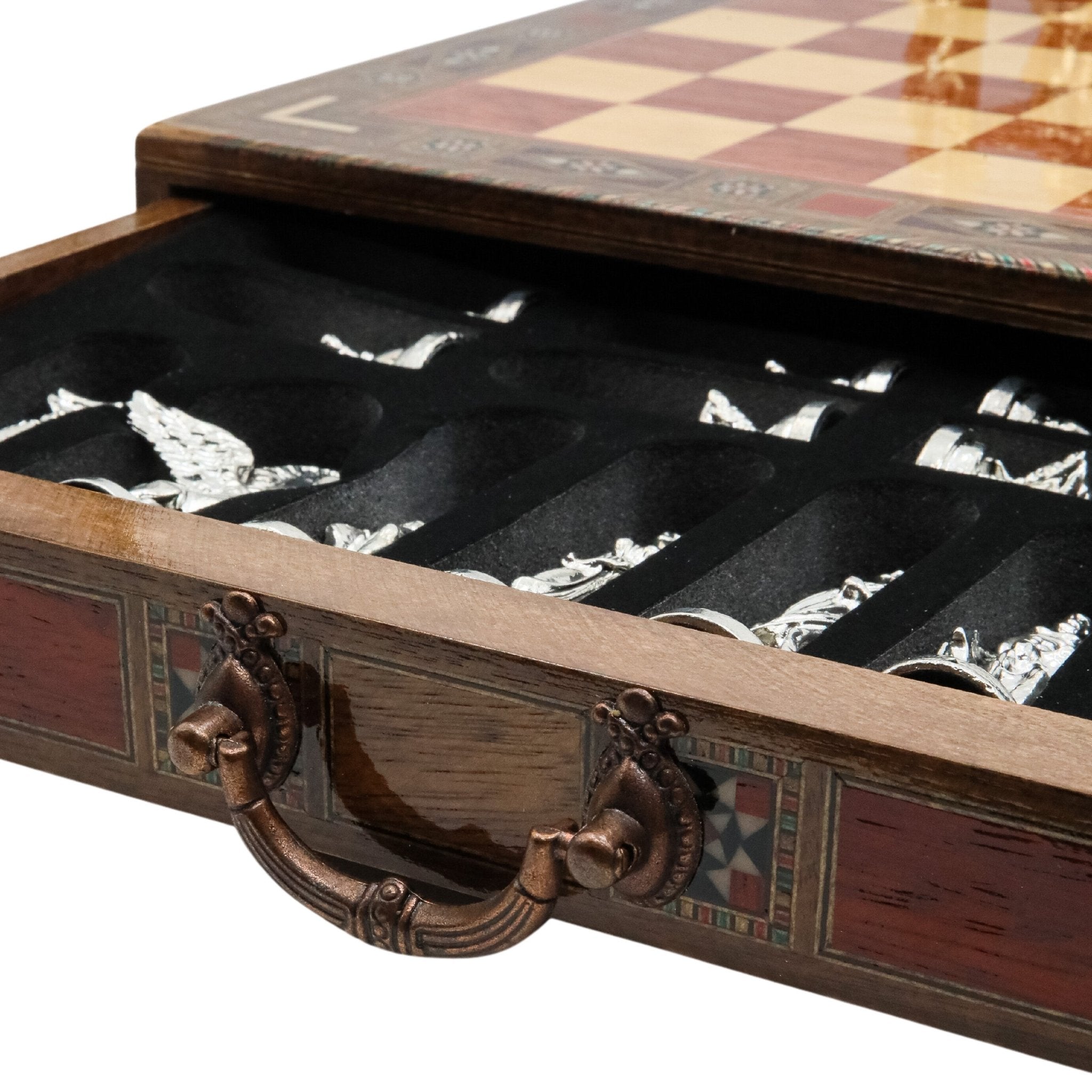 Handmade Inlay Chess Set with Drawer Storage 38 CM (15") - Die Cast Metal Pieces | Greek Mythology Pegasus - Cooper Chess