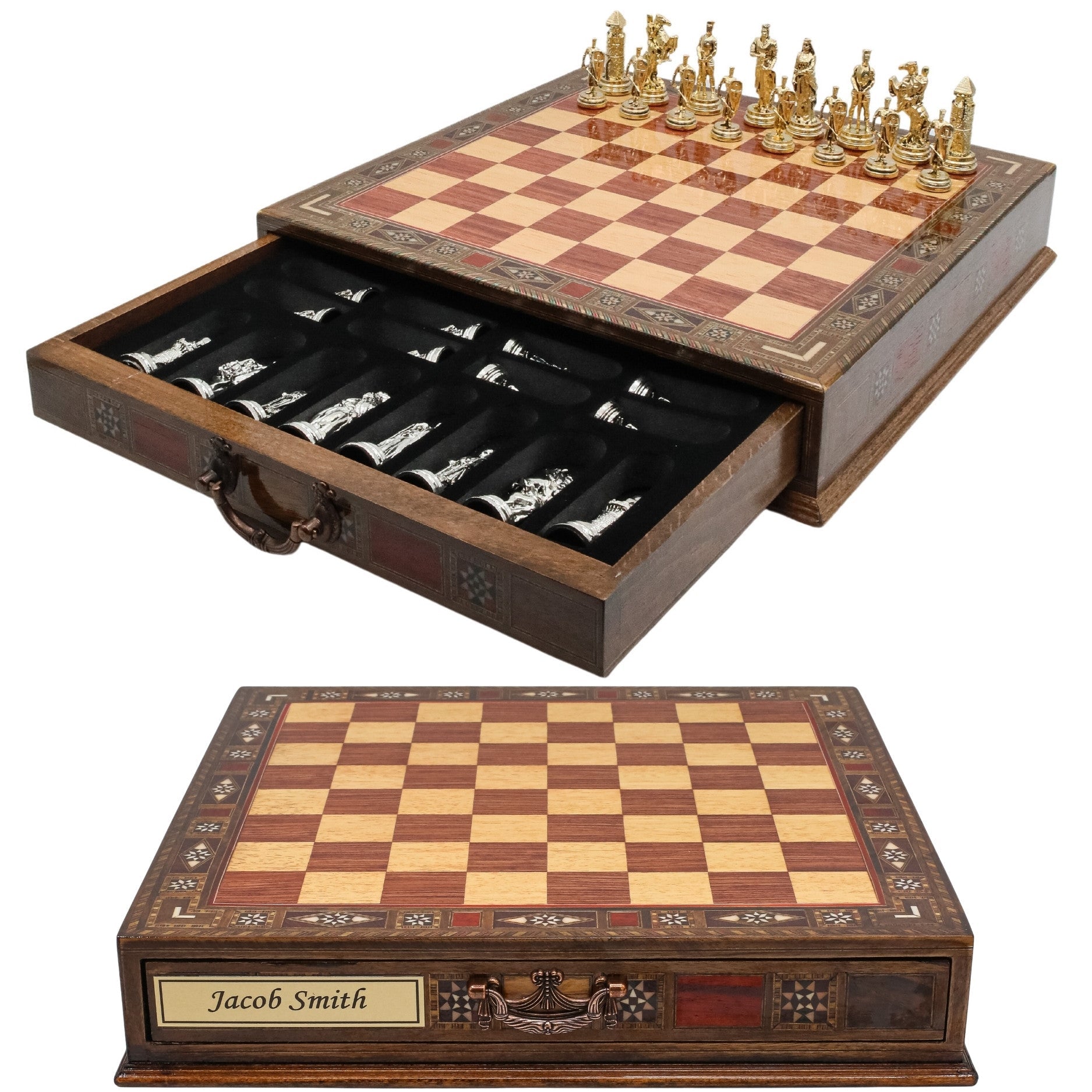 Handmade Inlay Chess Set with Drawer Storage 38 CM (15") - Die Cast Metal Pieces | Ottoman Empire vs Crusaders - Cooper Chess