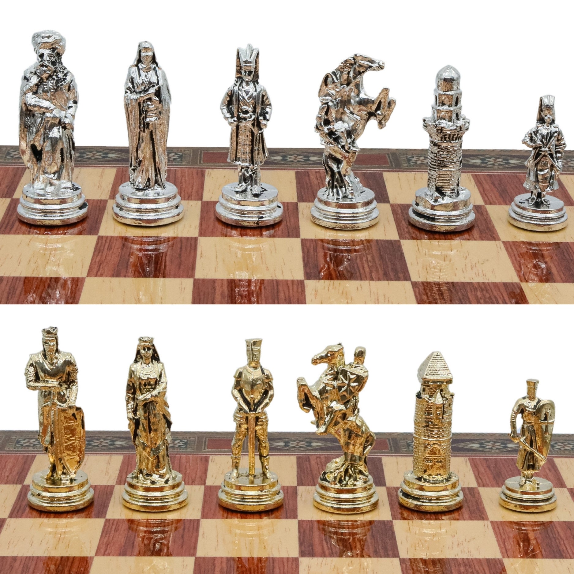 Handmade Inlay Chess Set with Drawer Storage 38 CM (15") - Die Cast Metal Pieces | Ottoman Empire vs Crusaders - Cooper Chess