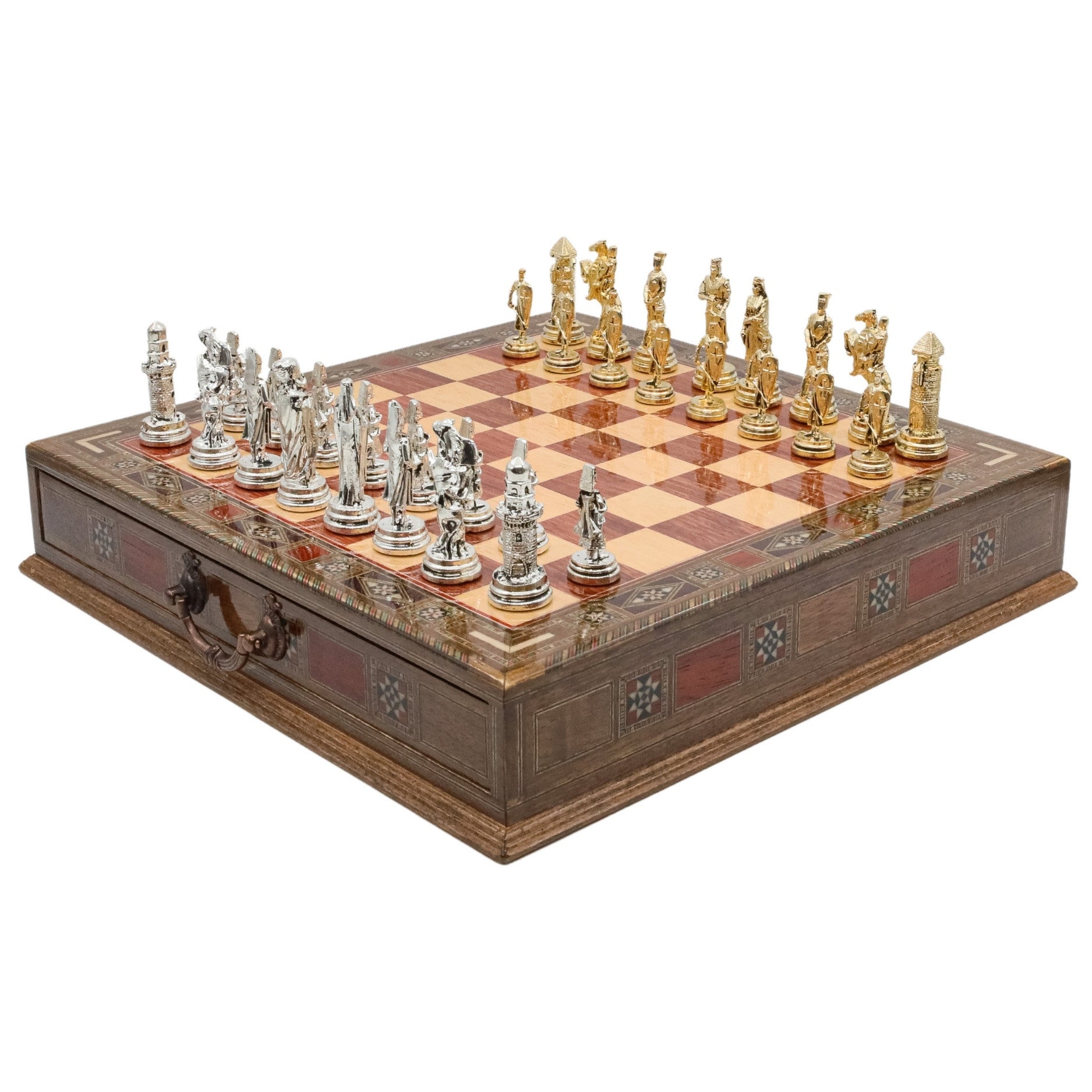 Handmade Inlay Chess Set with Drawer Storage 38 CM (15") - Die Cast Metal Pieces | Ottoman Empire vs Crusaders - Cooper Chess