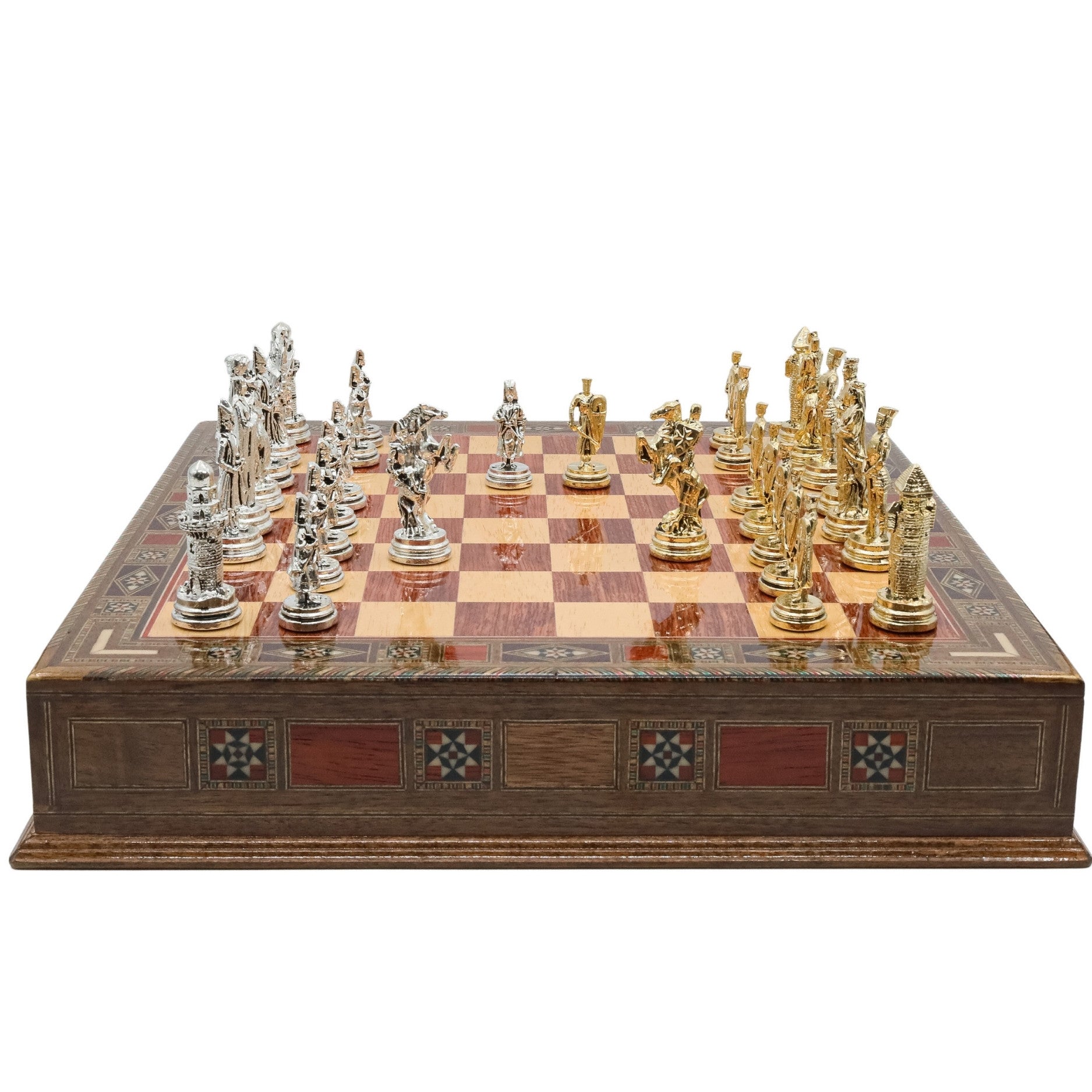 Handmade Inlay Chess Set with Drawer Storage 38 CM (15") - Die Cast Metal Pieces | Ottoman Empire vs Crusaders - Cooper Chess