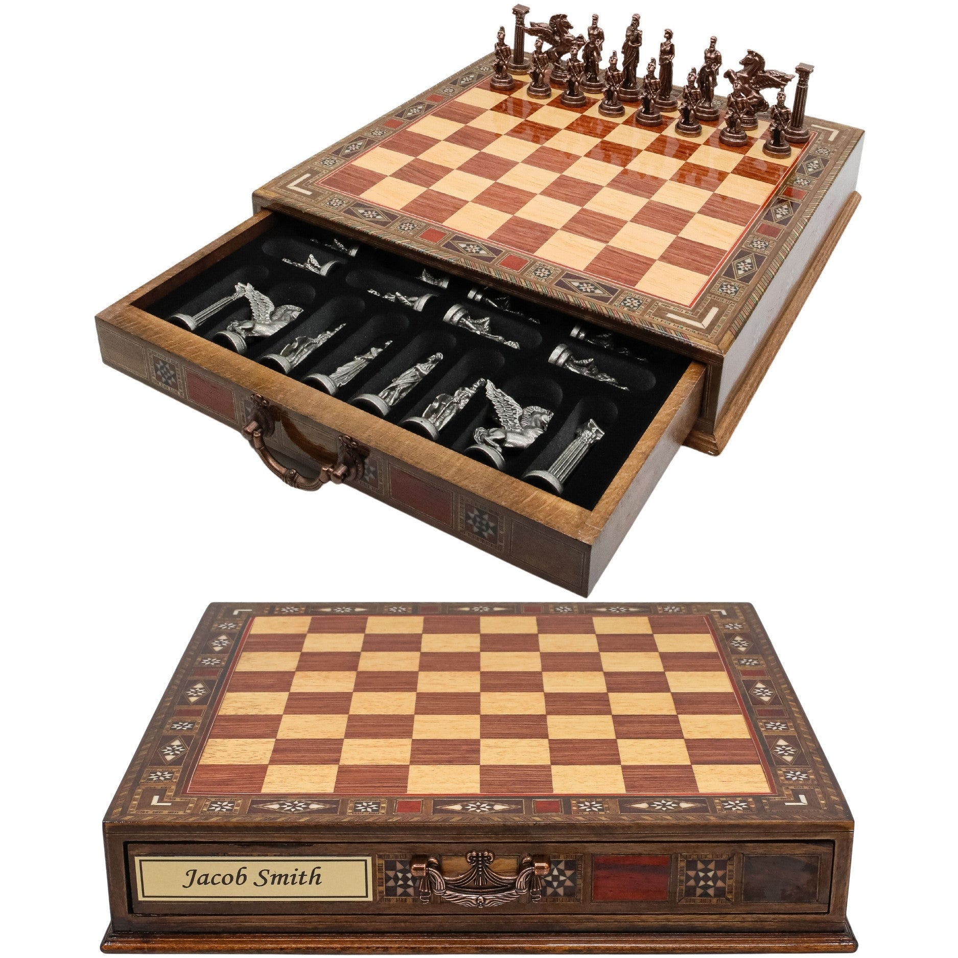 Handmade Inlay Chess Set with Drawer Storage 38 CM (15") - Die Cast Metal Pieces | Vintage Greek Mythology Pegasus - Cooper Chess