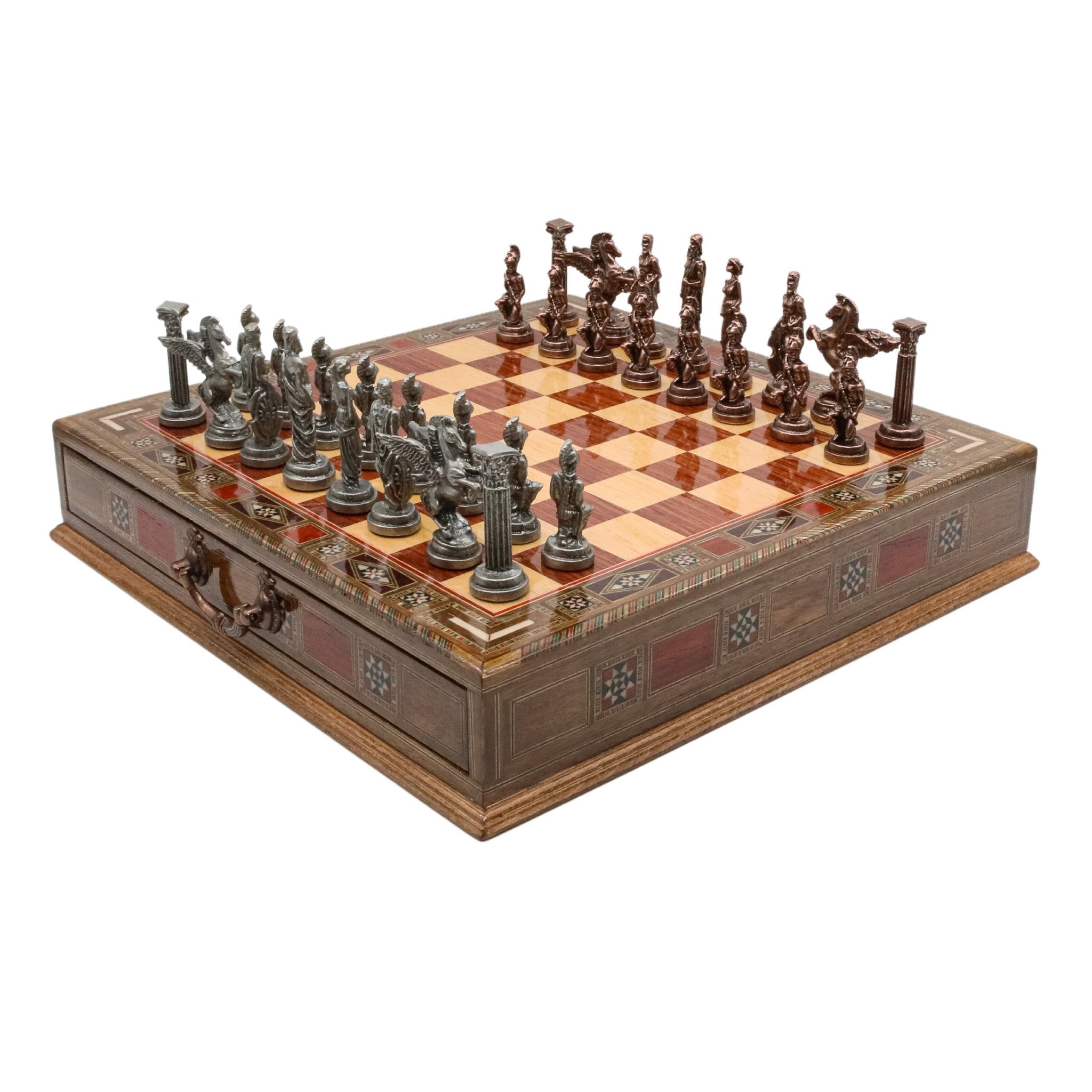 Handmade Inlay Chess Set with Drawer Storage 38 CM (15") - Die Cast Metal Pieces | Vintage Greek Mythology Pegasus - Cooper Chess