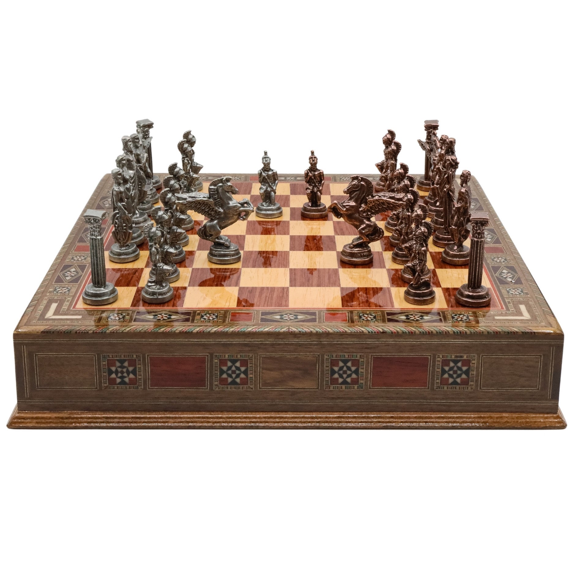 Handmade Inlay Chess Set with Drawer Storage 38 CM (15") - Die Cast Metal Pieces | Vintage Greek Mythology Pegasus - Cooper Chess