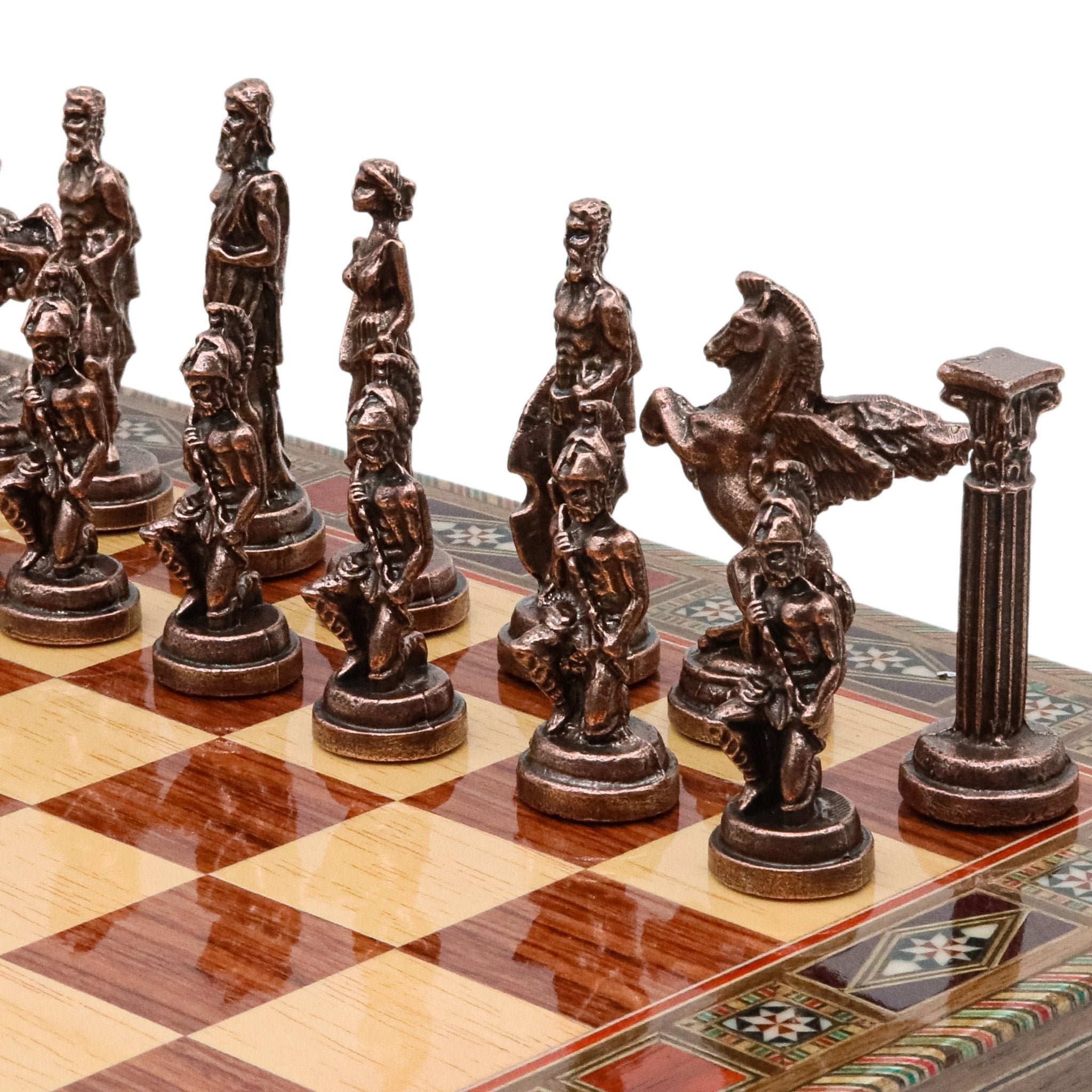 Handmade Inlay Chess Set with Drawer Storage 38 CM (15") - Die Cast Metal Pieces | Vintage Greek Mythology Pegasus - Cooper Chess