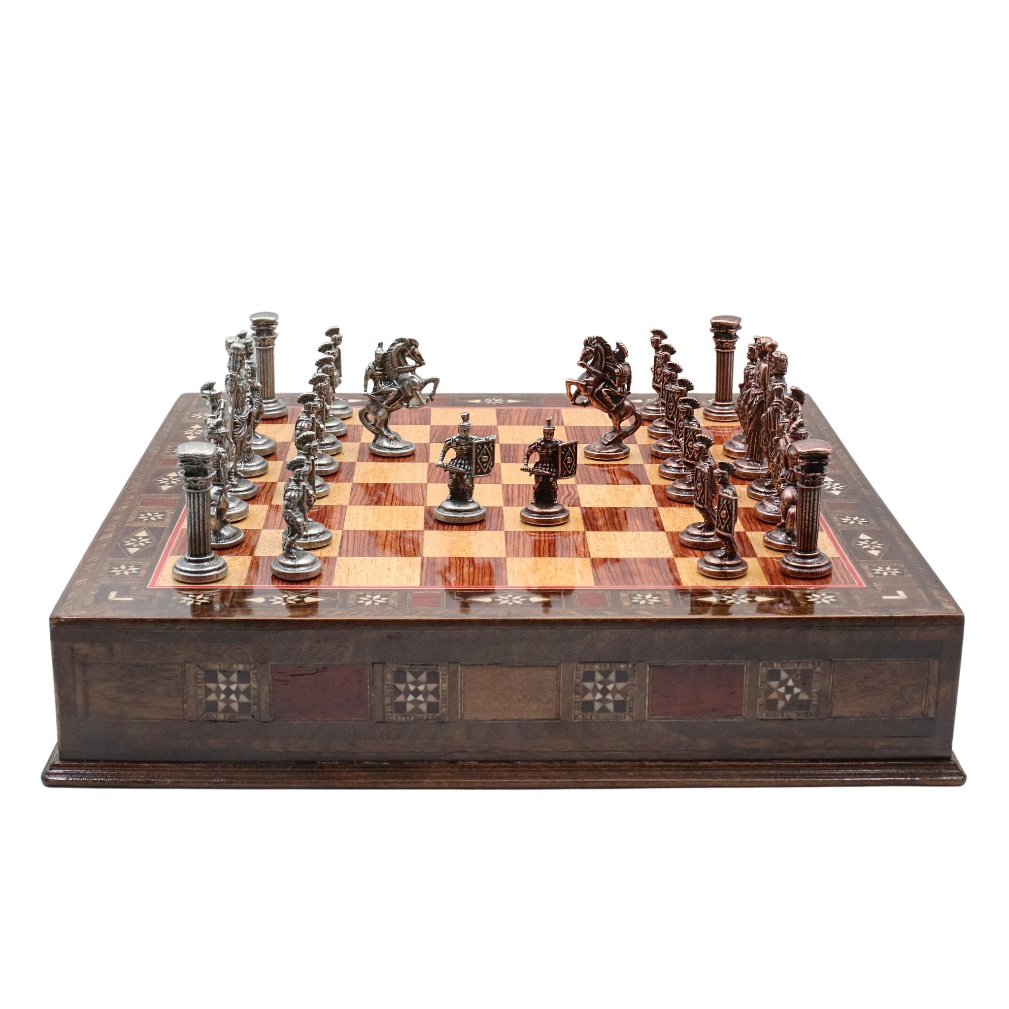 Handmade Inlay Chess Set with Drawer Storage 38 CM (15") - Die Cast Metal Pieces | Vintage Roman Empire - Cooper Chess