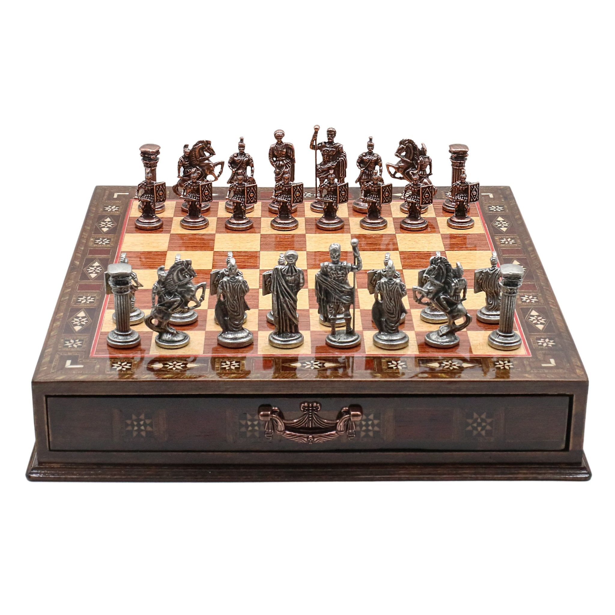 Handmade Inlay Chess Set with Drawer Storage 38 CM (15") - Die Cast Metal Pieces | Vintage Roman Empire - Cooper Chess