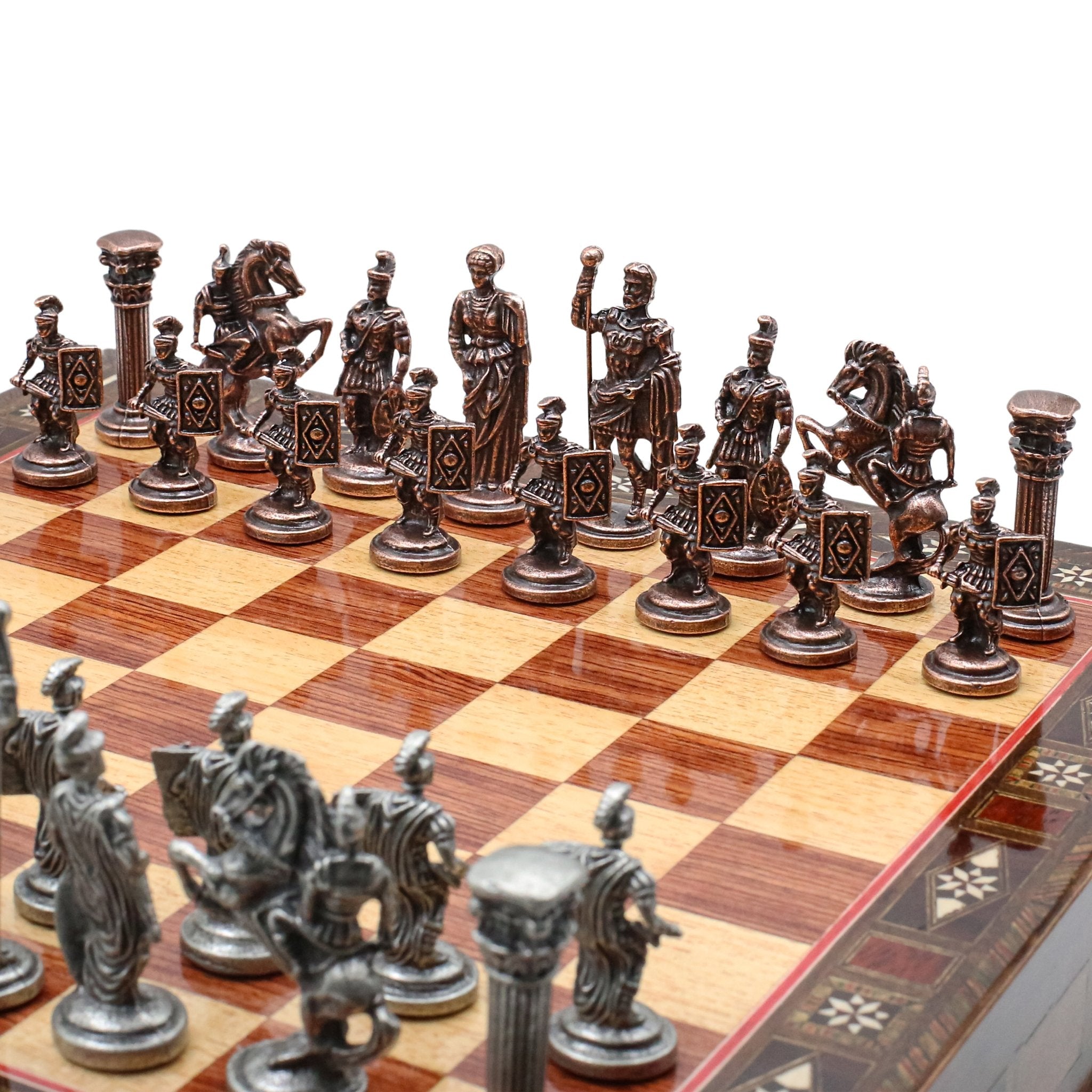 Handmade Inlay Chess Set with Drawer Storage 38 CM (15") - Die Cast Metal Pieces | Vintage Roman Empire - Cooper Chess