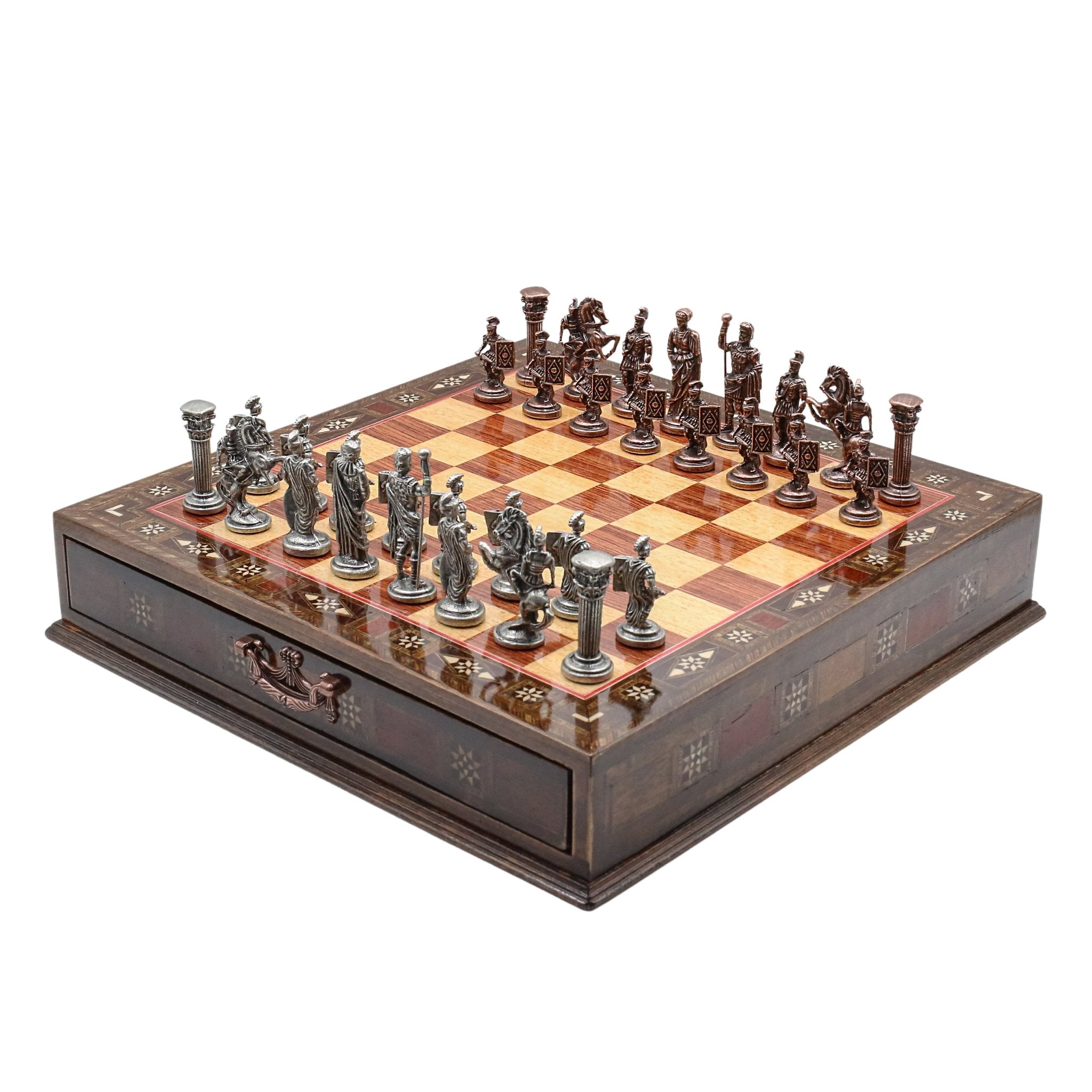 Handmade Inlay Chess Set with Drawer Storage 38 CM (15") - Die Cast Metal Pieces | Vintage Roman Empire - Cooper Chess