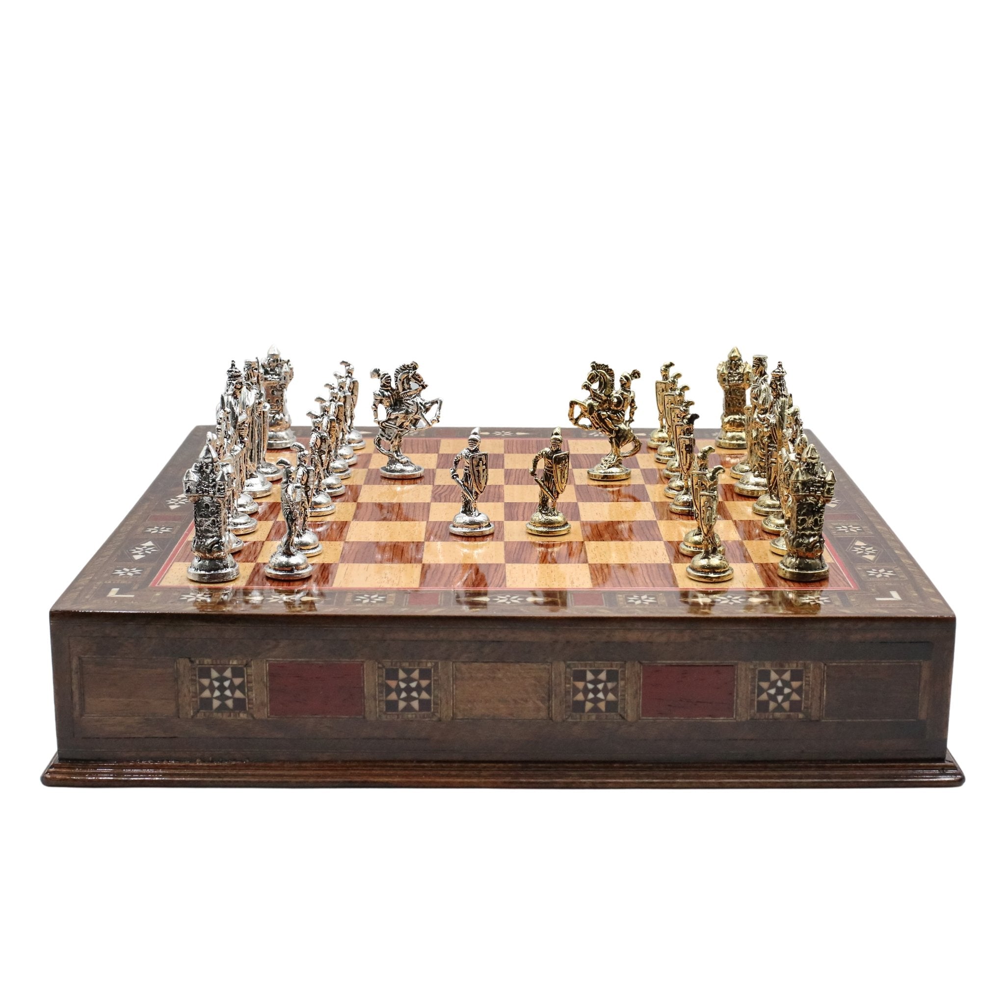 Handmade Inlay Chess Set with Drawer Storage 38 CM (15") - Die Cast Metal Pieces | Medieval British - Cooper Chess