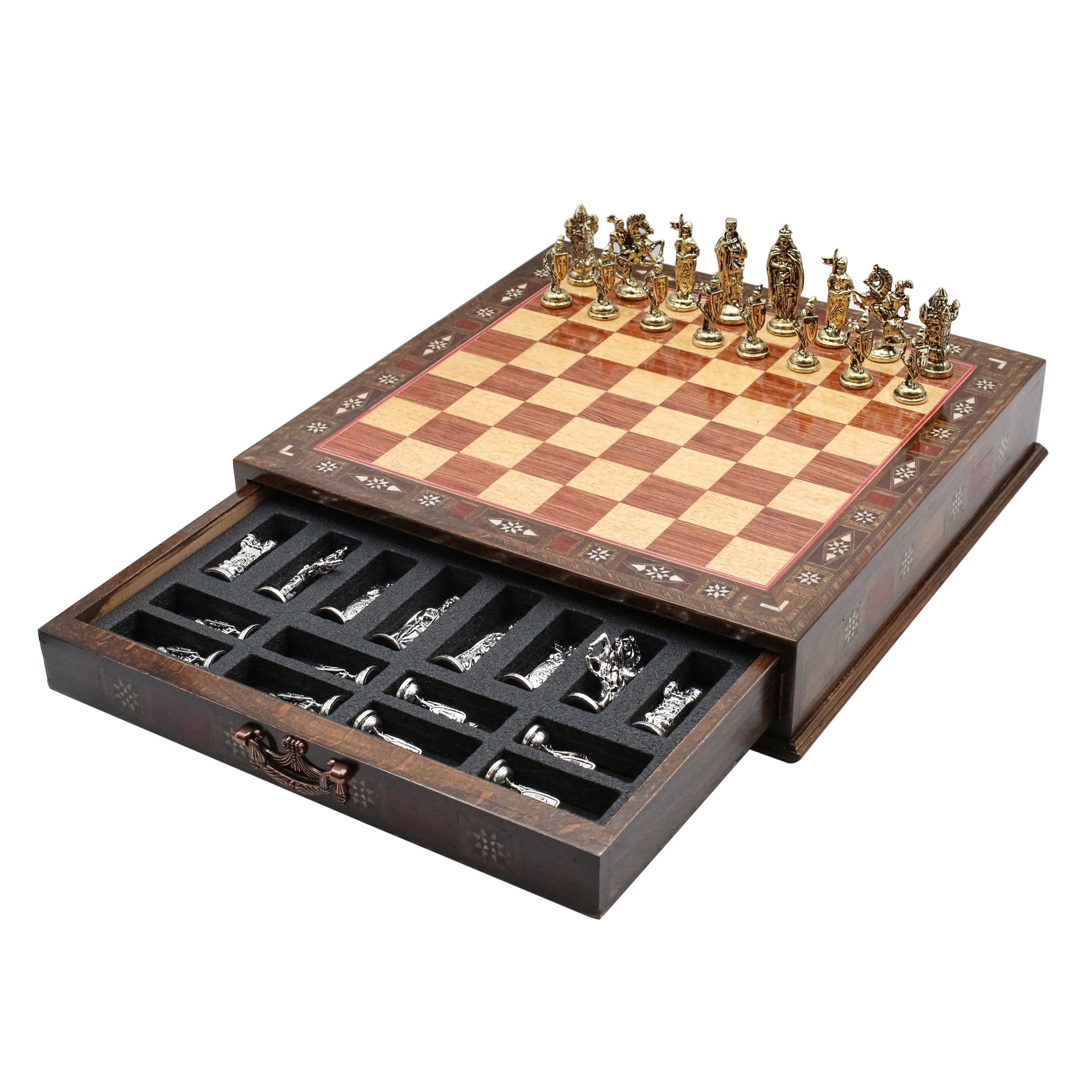 Handmade Inlay Chess Set with Drawer Storage 38 CM (15") - Die Cast Metal Pieces | Medieval British - Cooper Chess