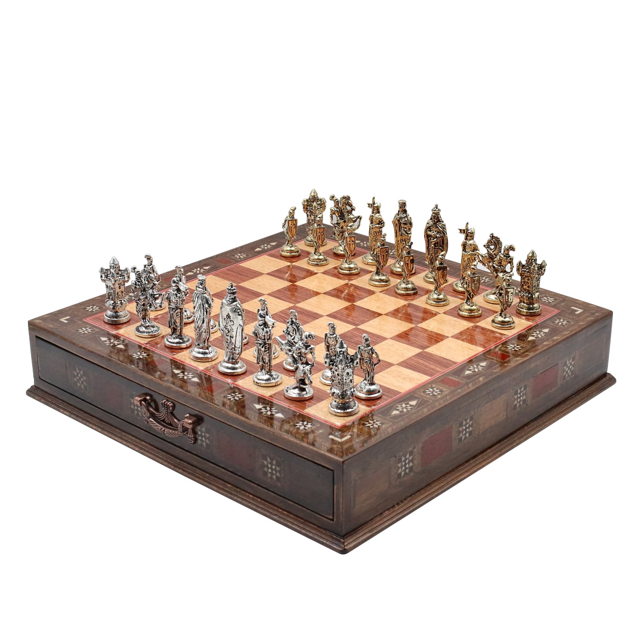 Handmade Inlay Chess Set with Drawer Storage 38 CM (15") - Die Cast Metal Pieces | Medieval British - Cooper Chess