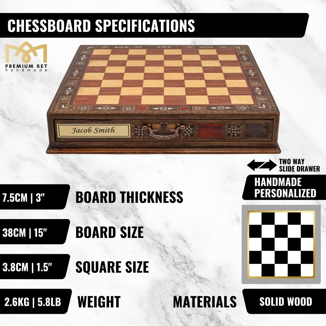 Handmade Inlay Chess Set with Drawer Storage 38 CM (15") - Die Cast Metal Pieces | Vintage Medieval British - Cooper Chess
