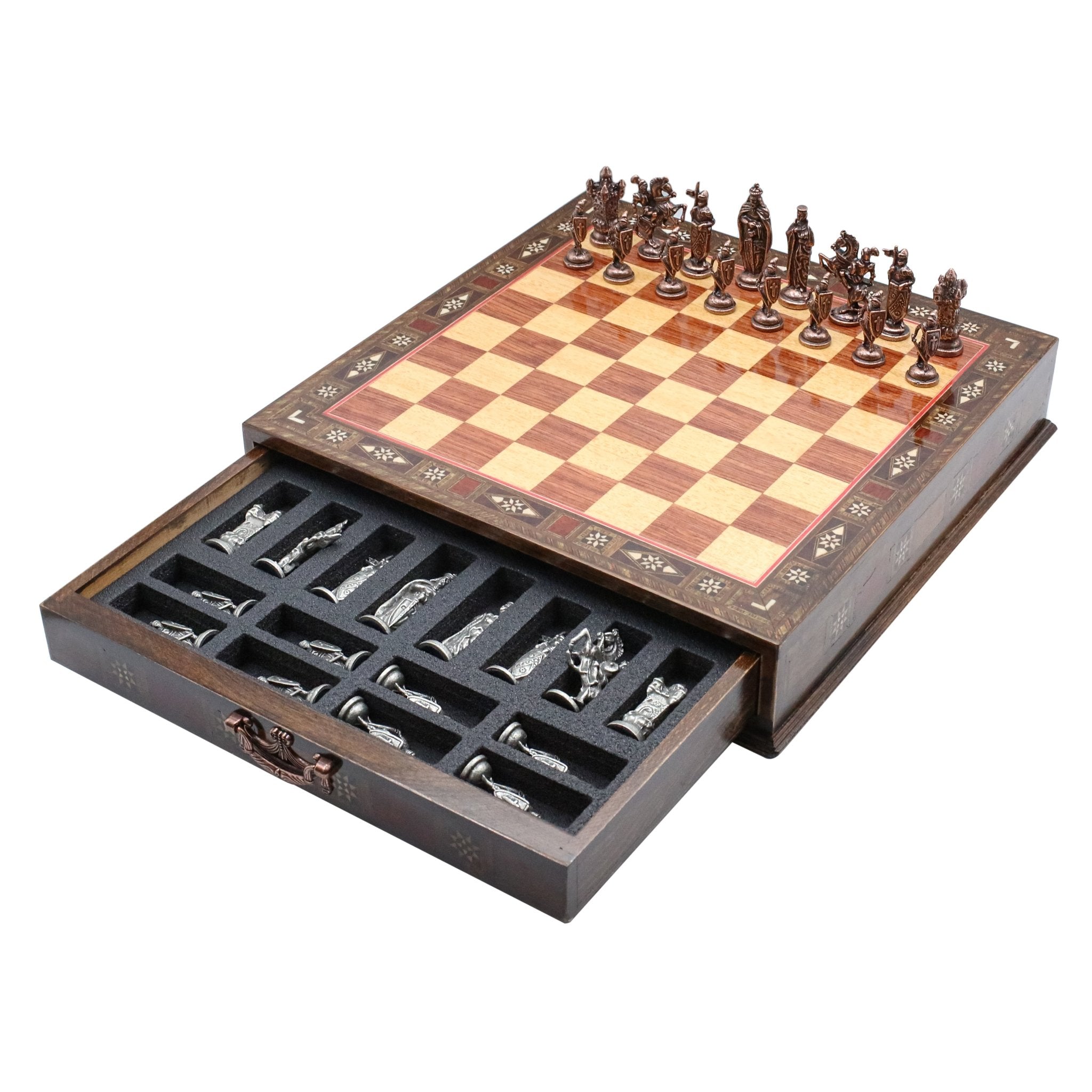 Handmade Inlay Chess Set with Drawer Storage 38 CM (15") - Die Cast Metal Pieces | Vintage Medieval British - Cooper Chess