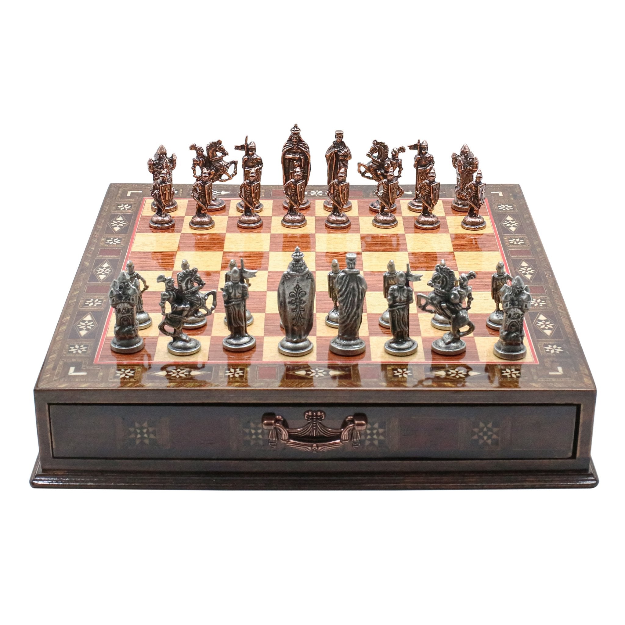 Handmade Inlay Chess Set with Drawer Storage 38 CM (15") - Die Cast Metal Pieces | Vintage Medieval British - Cooper Chess