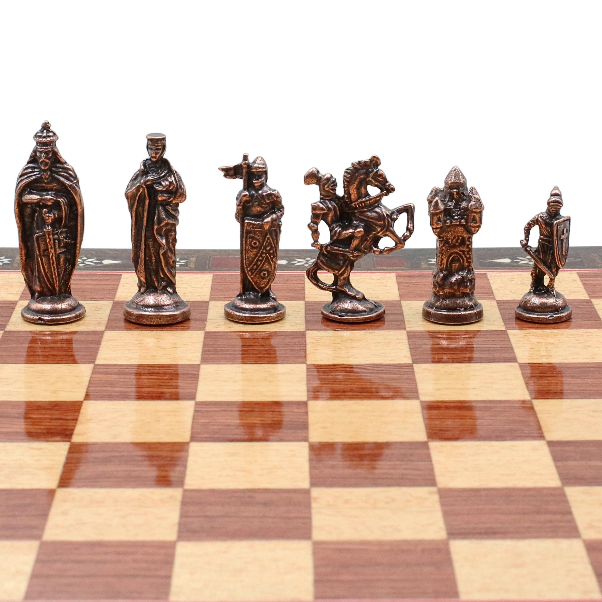 Handmade Inlay Chess Set with Drawer Storage 38 CM (15") - Die Cast Metal Pieces | Vintage Medieval British - Cooper Chess