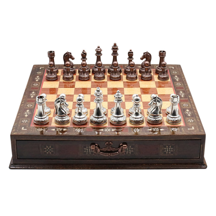 Classic Baroque Metal Chess Set With Solid Wood Storage Board w/ In - Built Drawer - Cooper Chess